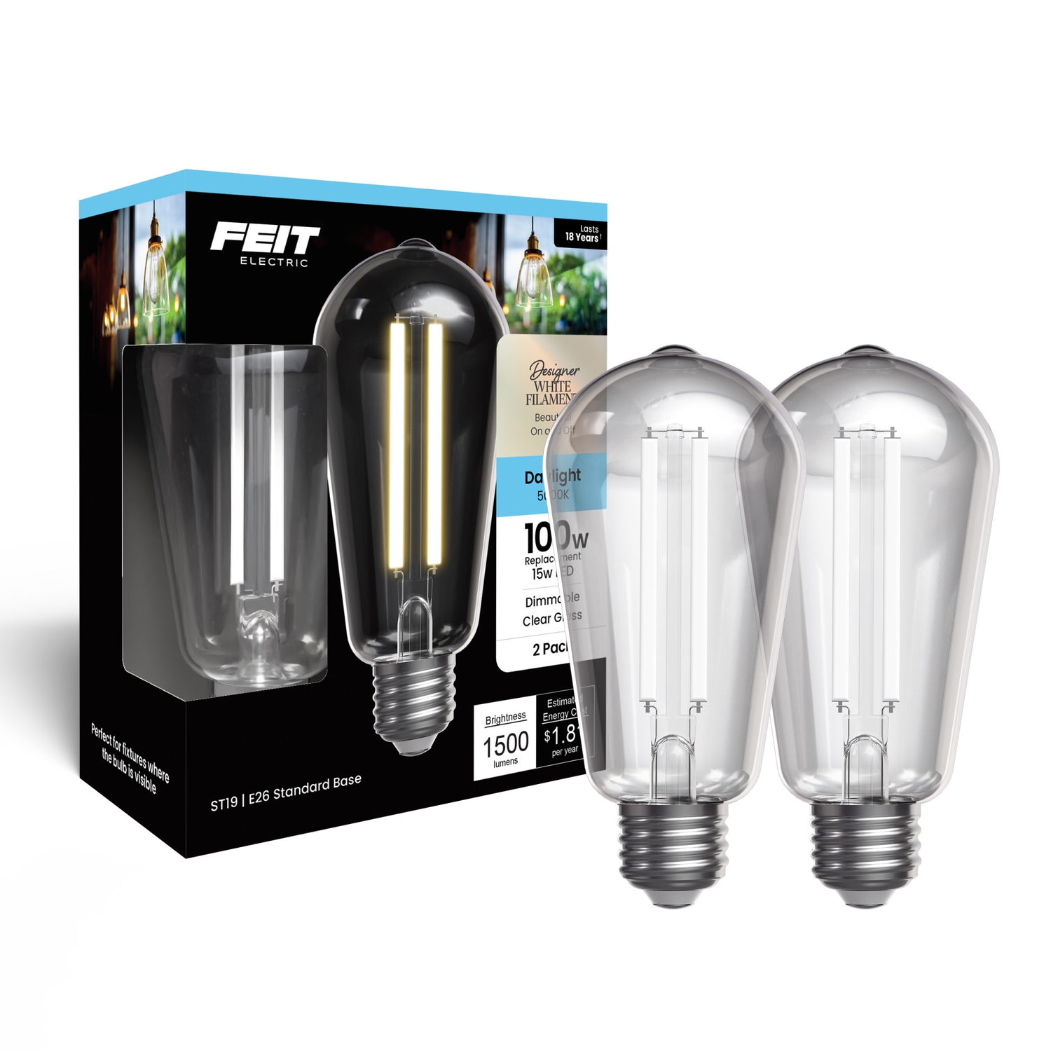 15W (100W Replacement) ST19 E26 Dimmable Designer Single White Filament Edison LED Bulb, Daylight (2-Pack)
