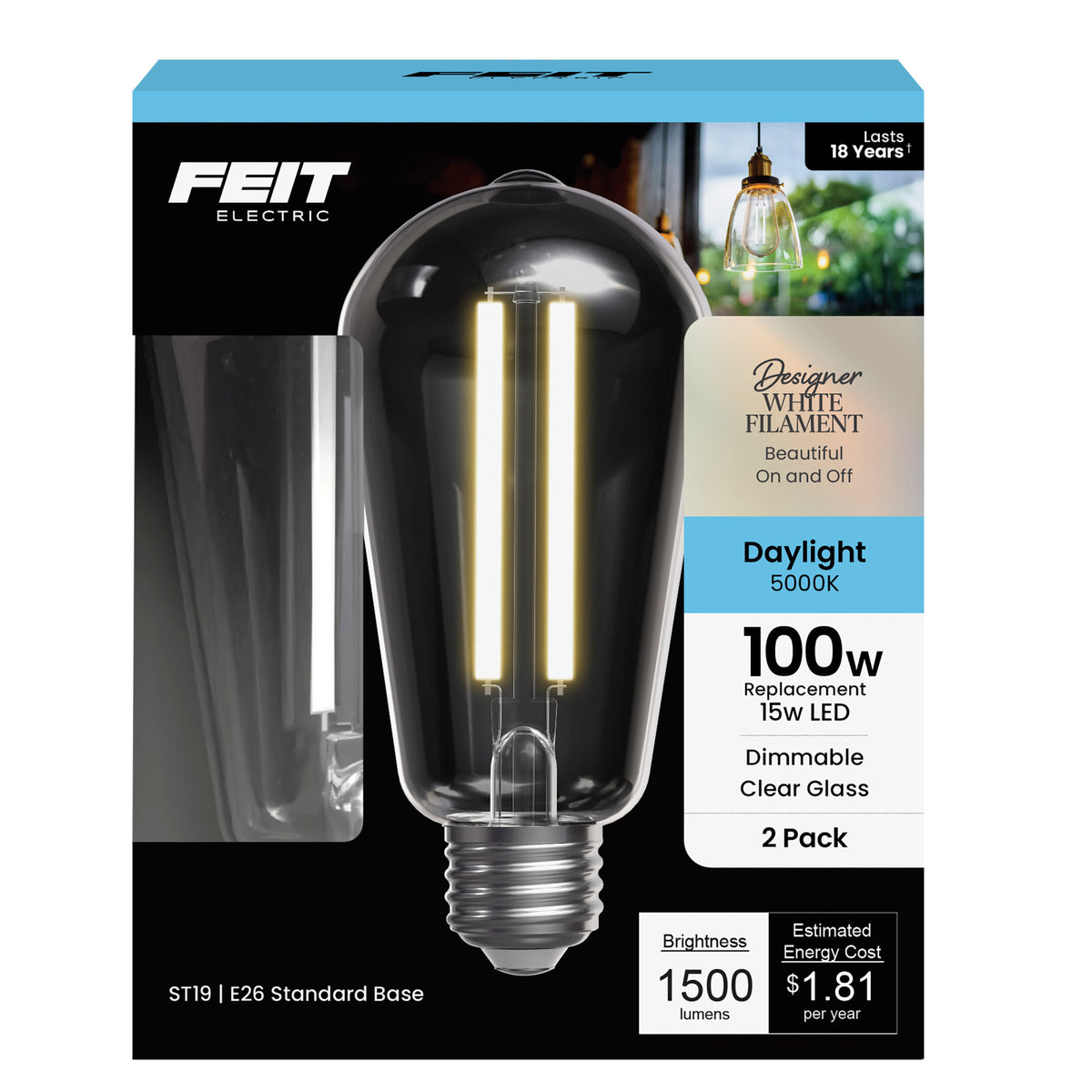 15W (100W Replacement) ST19 E26 Dimmable Designer White Filament Edison LED Bulb, Daylight (2-Pack)