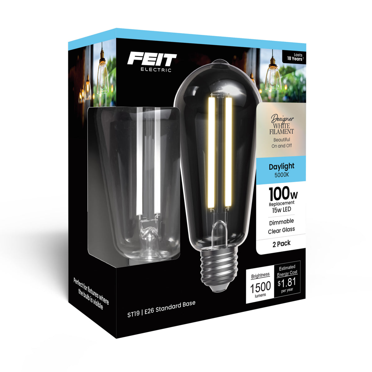 15W (100W Replacement) ST19 E26 Dimmable Designer White Filament Edison LED Bulb, Daylight (2-Pack)