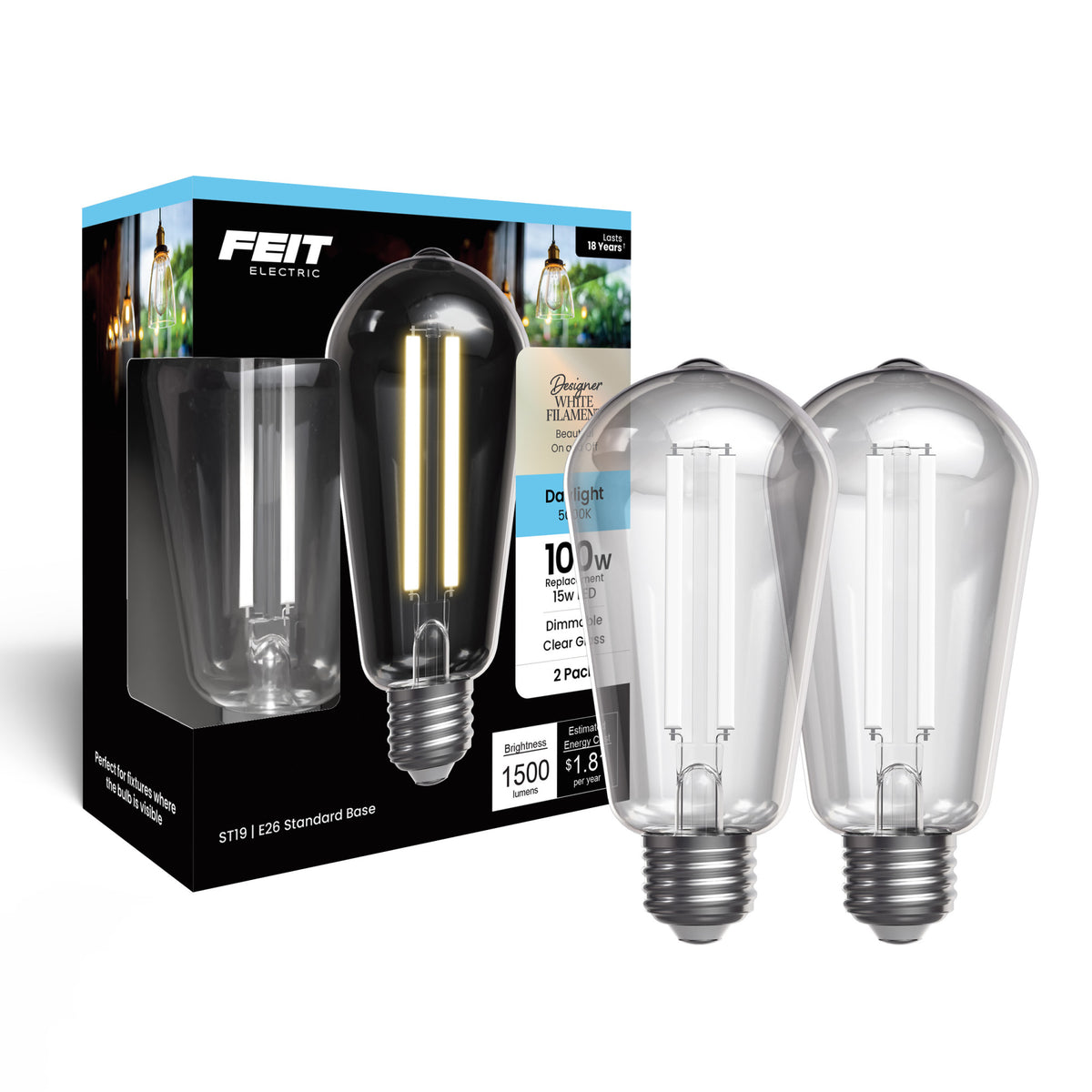 15W (100W Replacement) ST19 E26 Dimmable Designer White Filament Edison LED Bulb, Daylight (2-Pack)