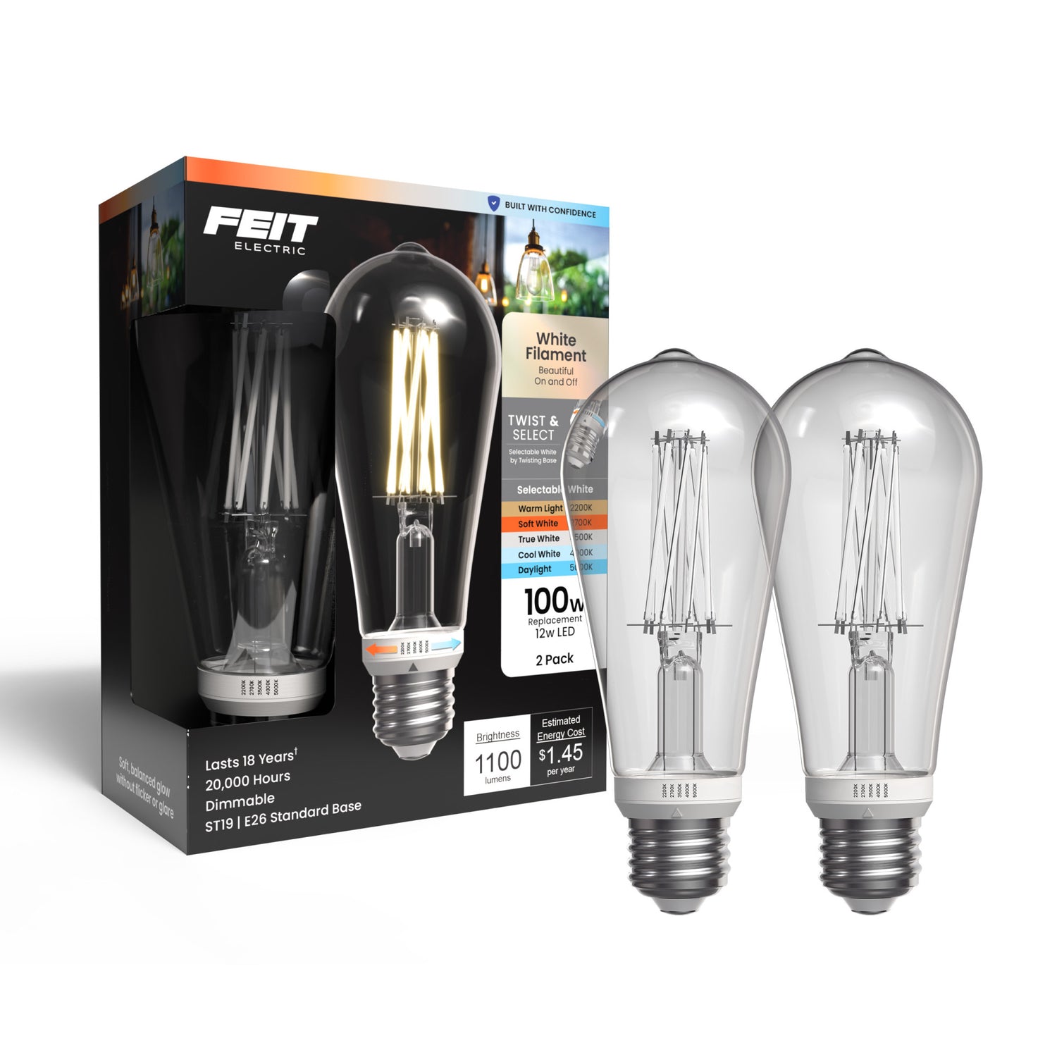 12W (100W Replacement) Twist & Select ST19 E26 Dimmable White Filament Clear Edison LED Bulb