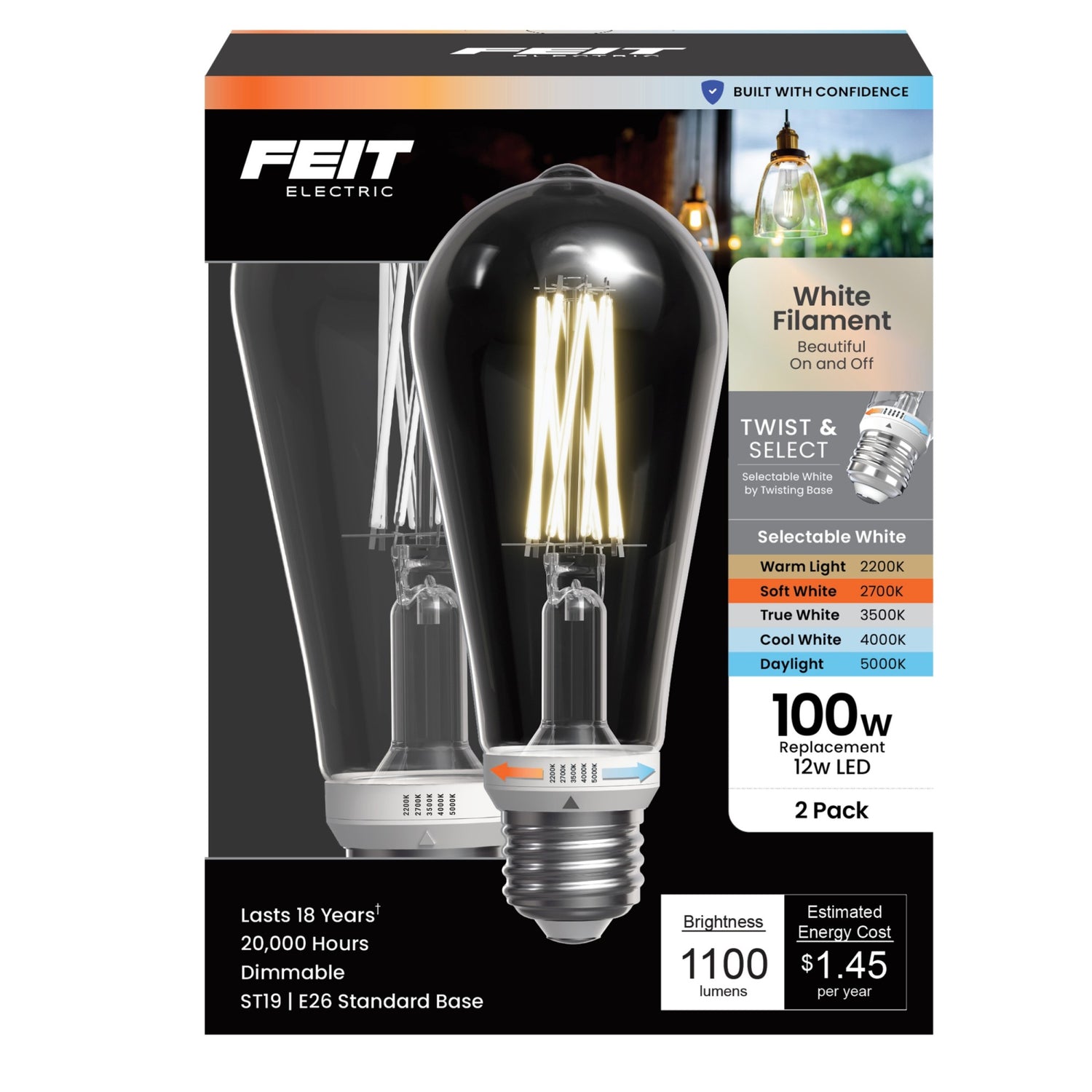 12W (100W Replacement) Twist & Select ST19 E26 Dimmable White Filament Clear Edison LED Bulb