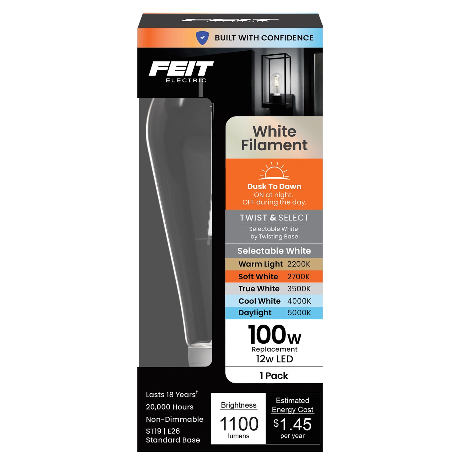 12W (100W Replacement) ST19 E26 Twist & Select Dusk to Dawn Non-Dimmable White Filament LED Bulb, Selectable White