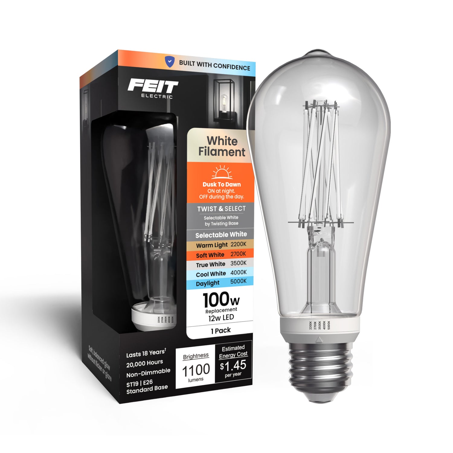 12W (100W Replacement) ST19 E26 Twist & Select Dusk to Dawn Non-Dimmable White Filament LED Bulb, Selectable White