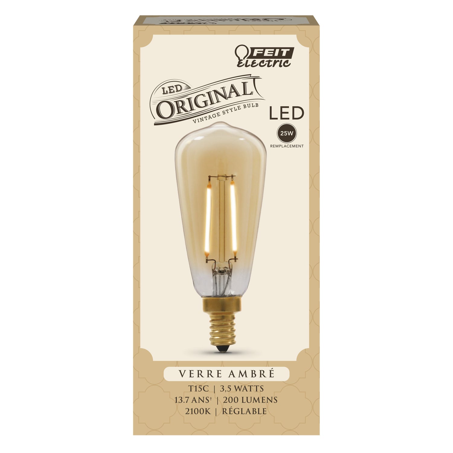 3.5W (25W Replacement) ST15C E12 Dimmable Straight Filament Amber Glass Vintage Edison LED Light Bulb, Soft White