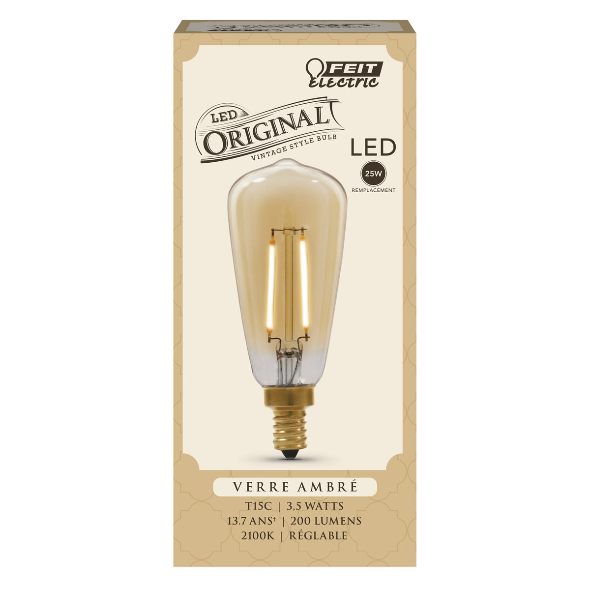 3.5W (25W Replacement) ST15C E12 Dimmable Straight Filament Amber Glass Vintage Edison LED Light Bulb, Soft White