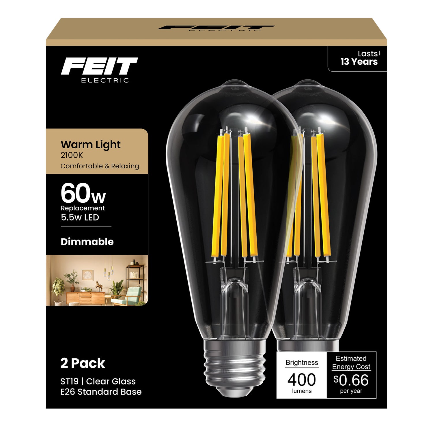 5.5W (60W Replacement) ST19 E26 Dimmable Straight Filament Clear Glass Vintage Edison LED Light Bulb, Warm Light (2-Pack)