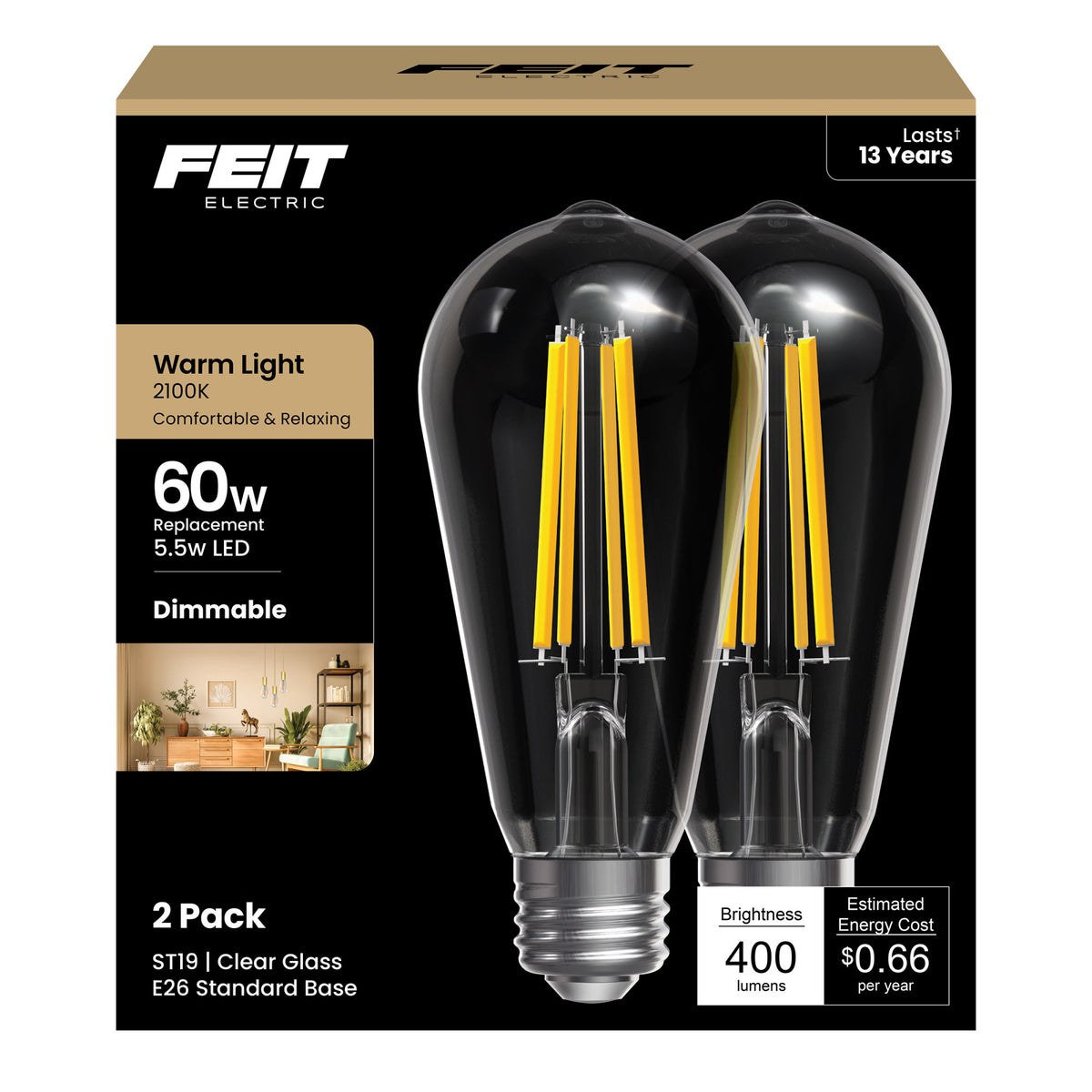 5.5W (60W Replacement) ST19 E26 Dimmable Straight Filament Clear Glass Vintage Edison LED Light Bulb, Warm Light (2-Pack)