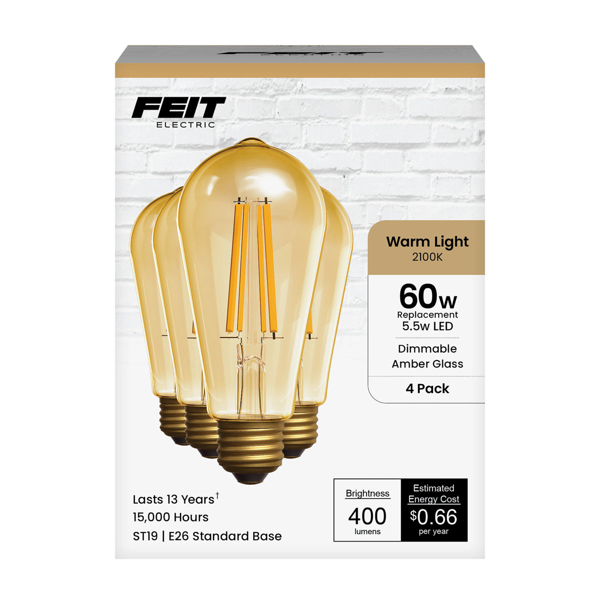 5.5W (60W Replacement) ST19 E26 Dimmable Straight Filament Amber Glass Vintage Edison LED Light Bulb, Warm Light (4-Pack)
