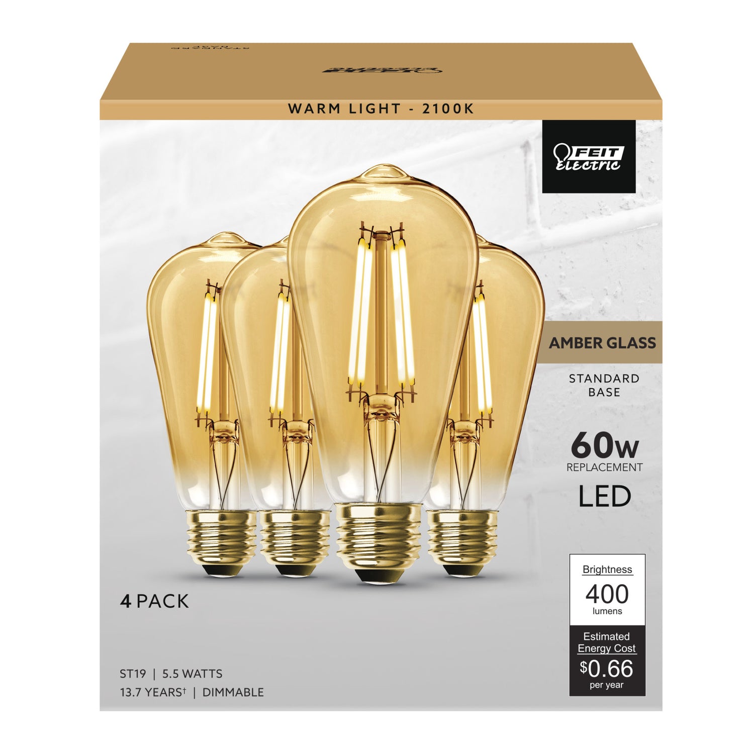 5.5W (60W Replacement) ST19 E26 Dimmable Straight Filament Amber Glass Vintage Edison LED Light Bulb, Warm Light (4-Pack)