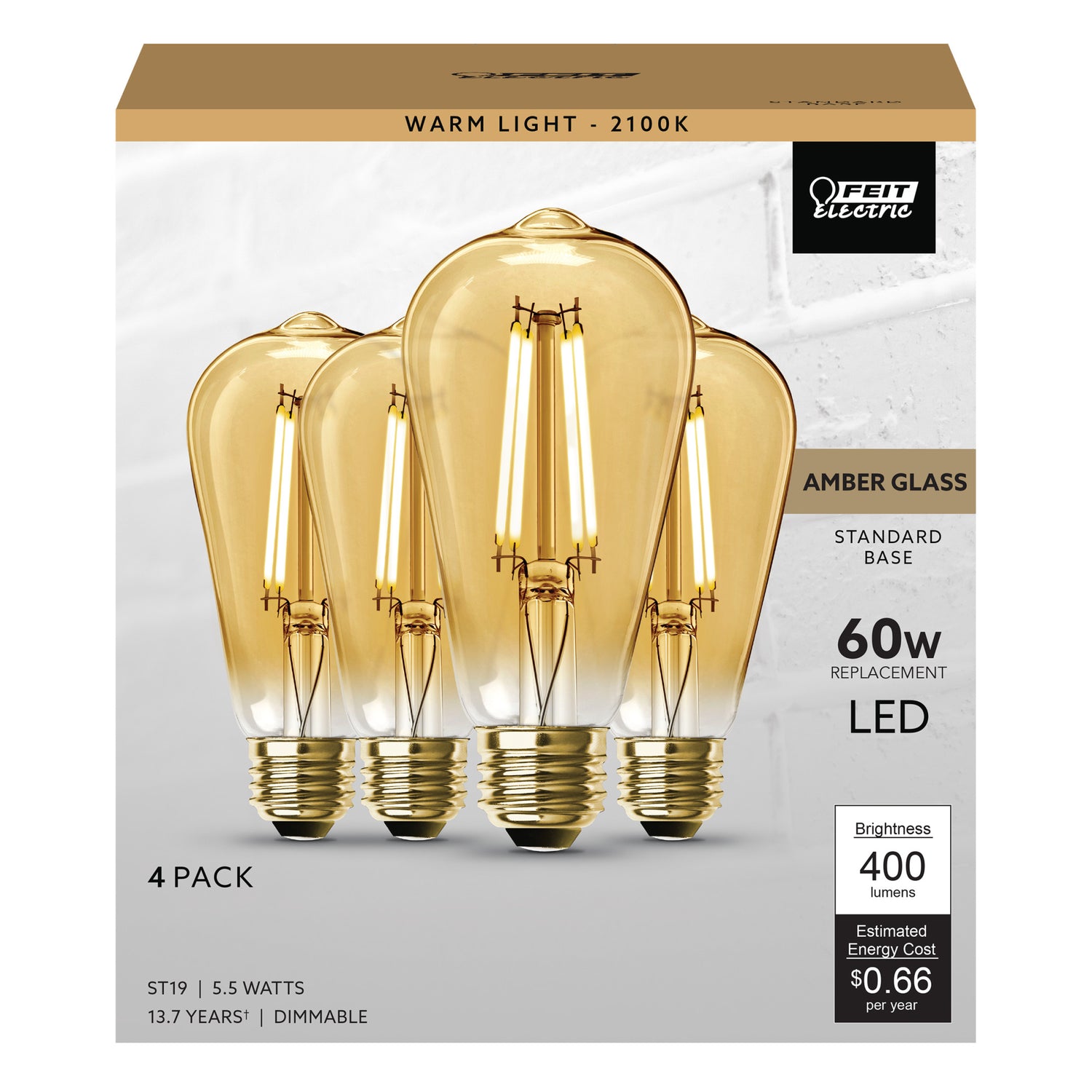 5.5W (60W Replacement) ST19 E26 Dimmable Straight Filament Amber Glass Vintage Edison LED Light Bulb, Warm Light (4-Pack)
