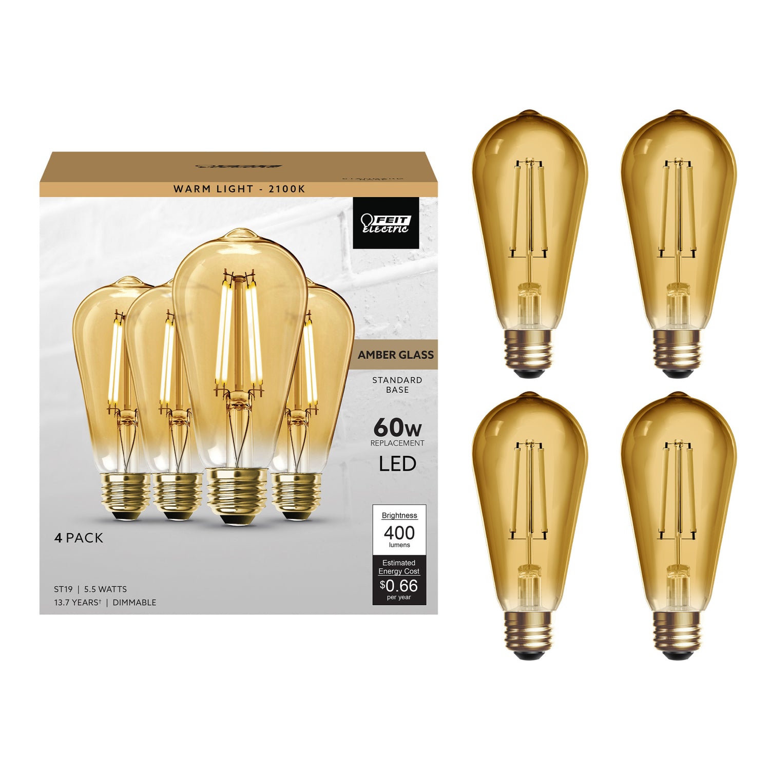 5.5W (60W Replacement) ST19 E26 Dimmable Straight Filament Amber Glass Vintage Edison LED Light Bulb, Warm Light (4-Pack)