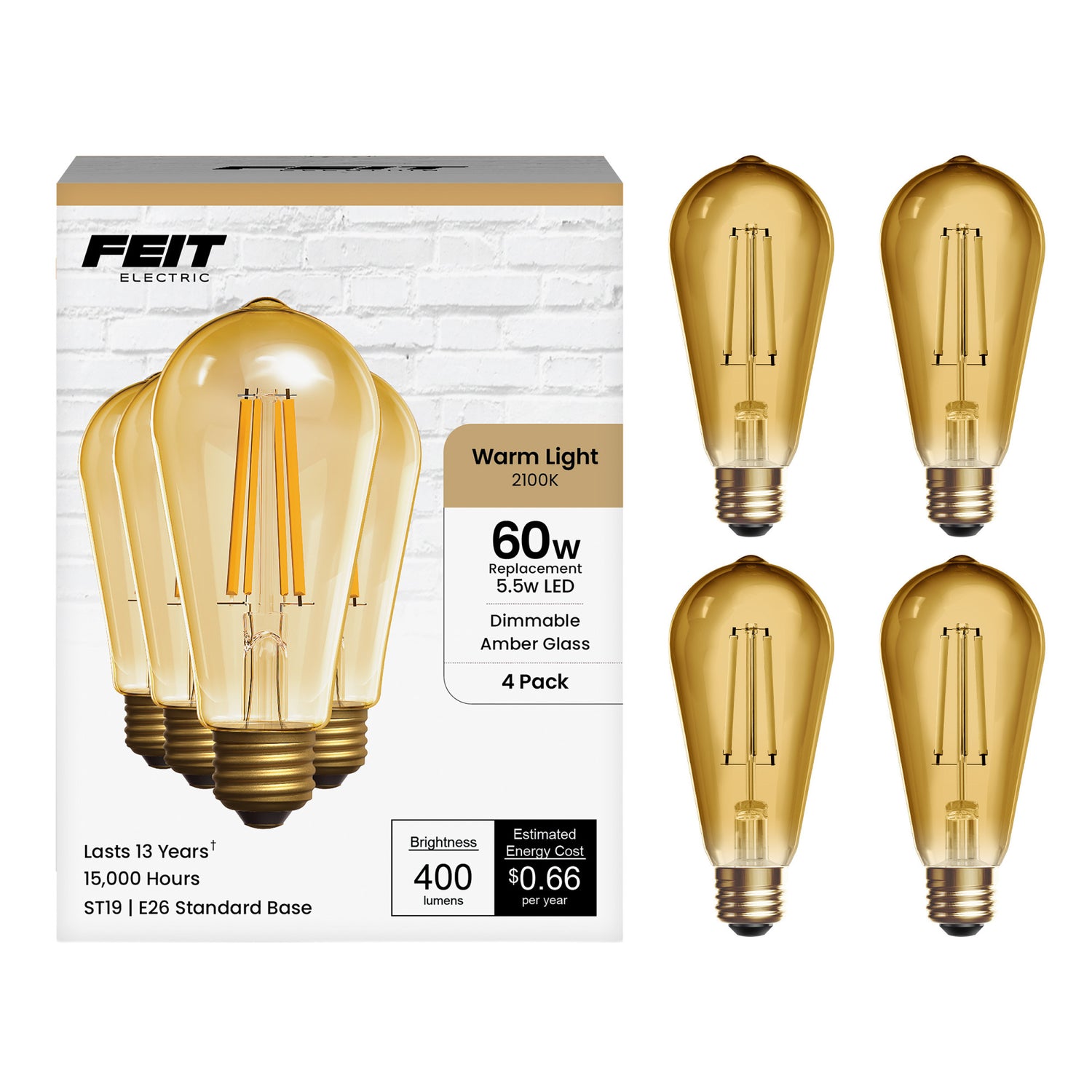 5.5W (60W Replacement) ST19 E26 Dimmable Straight Filament Amber Glass Vintage Edison LED Light Bulb, Warm Light (4-Pack)