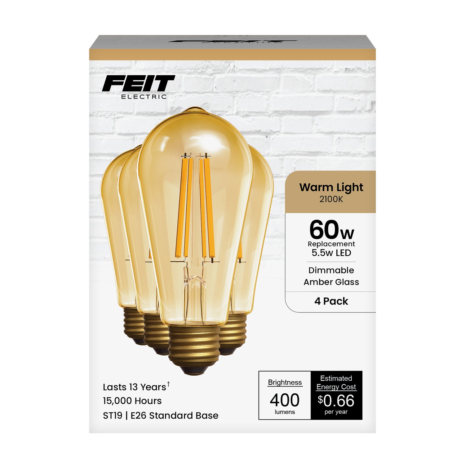 5.5W (60W Replacement) ST19 E26 Dimmable Straight Filament Amber Glass Vintage Edison LED Light Bulb, Warm Light (4-Pack)