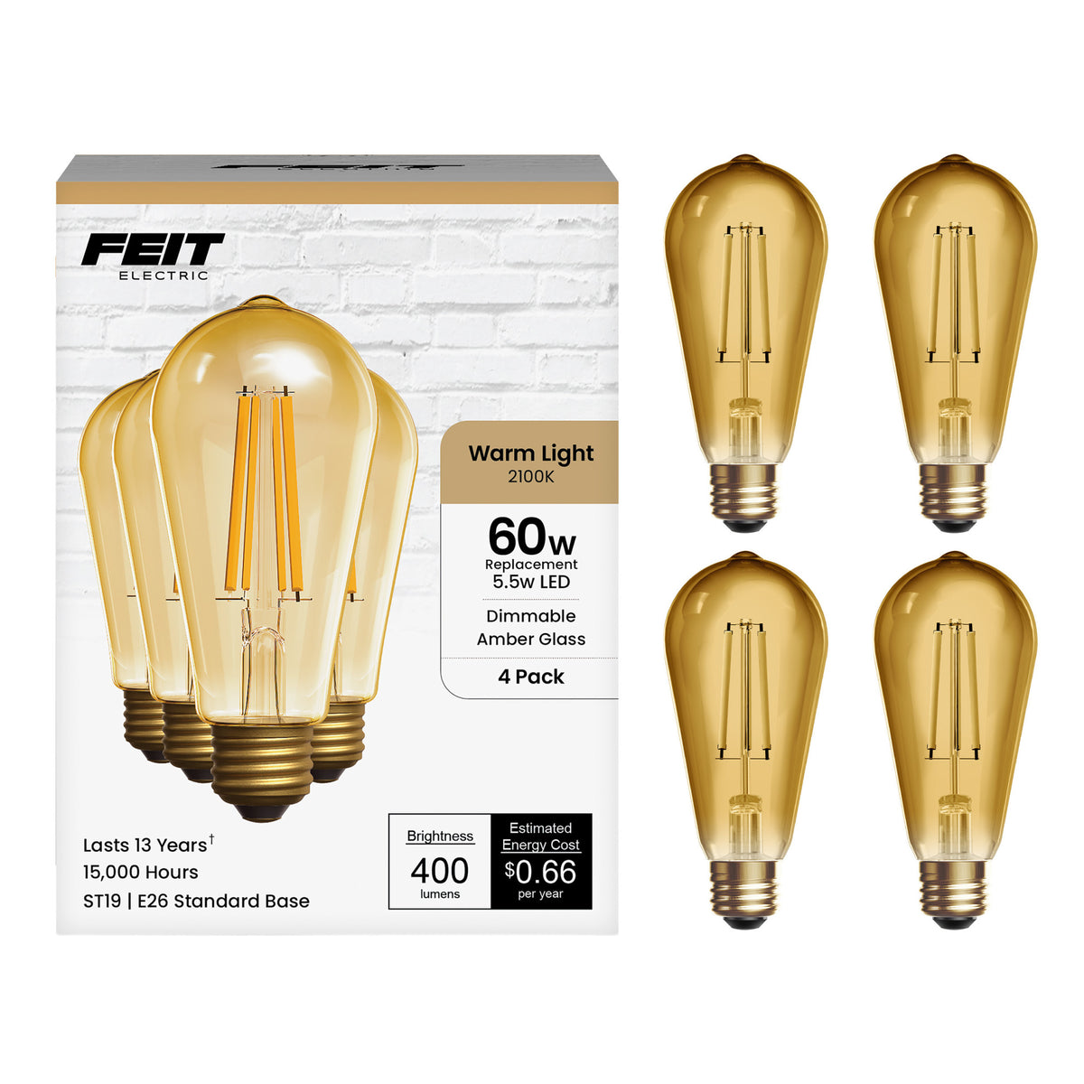 5.5W (60W Replacement) ST19 E26 Dimmable Straight Filament Amber Glass Vintage Edison LED Light Bulb, Warm Light (4-Pack)