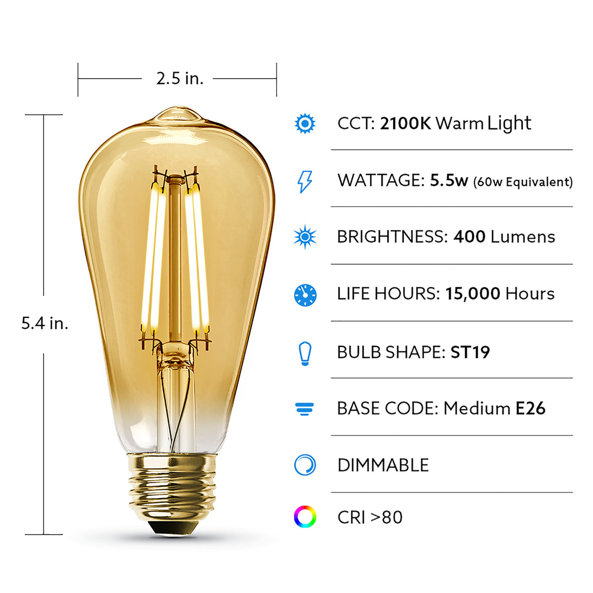 5.5W (60W Replacement) ST19 E26 Dimmable Straight Filament Amber Glass Vintage Edison LED Light Bulb, Warm Light (4-Pack)