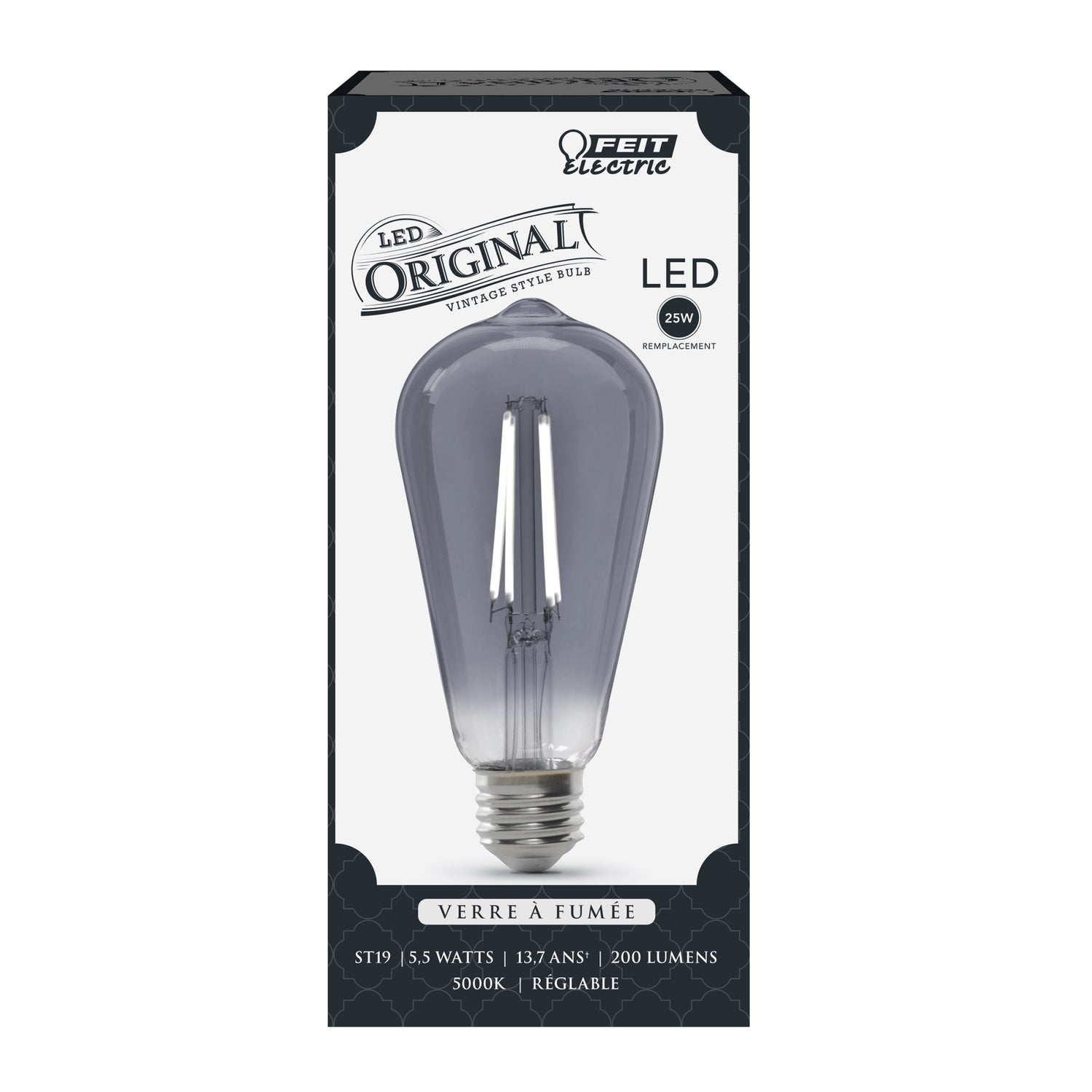 5.5W (25W Replacement) ST19 E26 Dimmable Straight Filament Smoke Glass Vintage Edison LED Light Bulb, Daylight