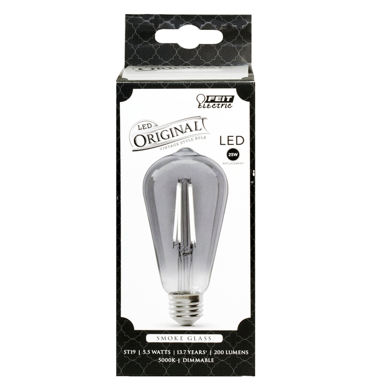 5.5W (25W Replacement) ST19 E26 Dimmable Straight Filament Smoke Glass Vintage Edison LED Light Bulb, Daylight