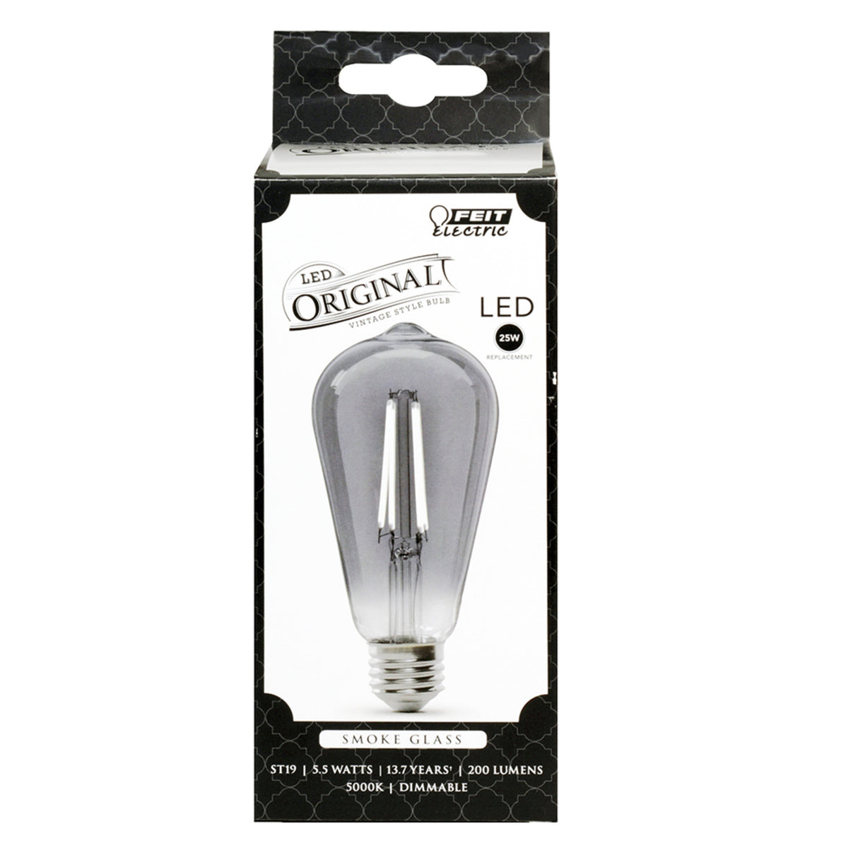 5.5W (25W Replacement) ST19 E26 Dimmable Straight Filament Smoke Glass Vintage Edison LED Light Bulb, Daylight