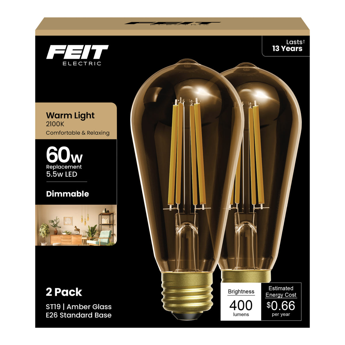 5.5W (60W Replacement) ST19 E26 Straight Filament Amber Glass Vintage Edison LED Light Bulb, Soft White (2-Pack)