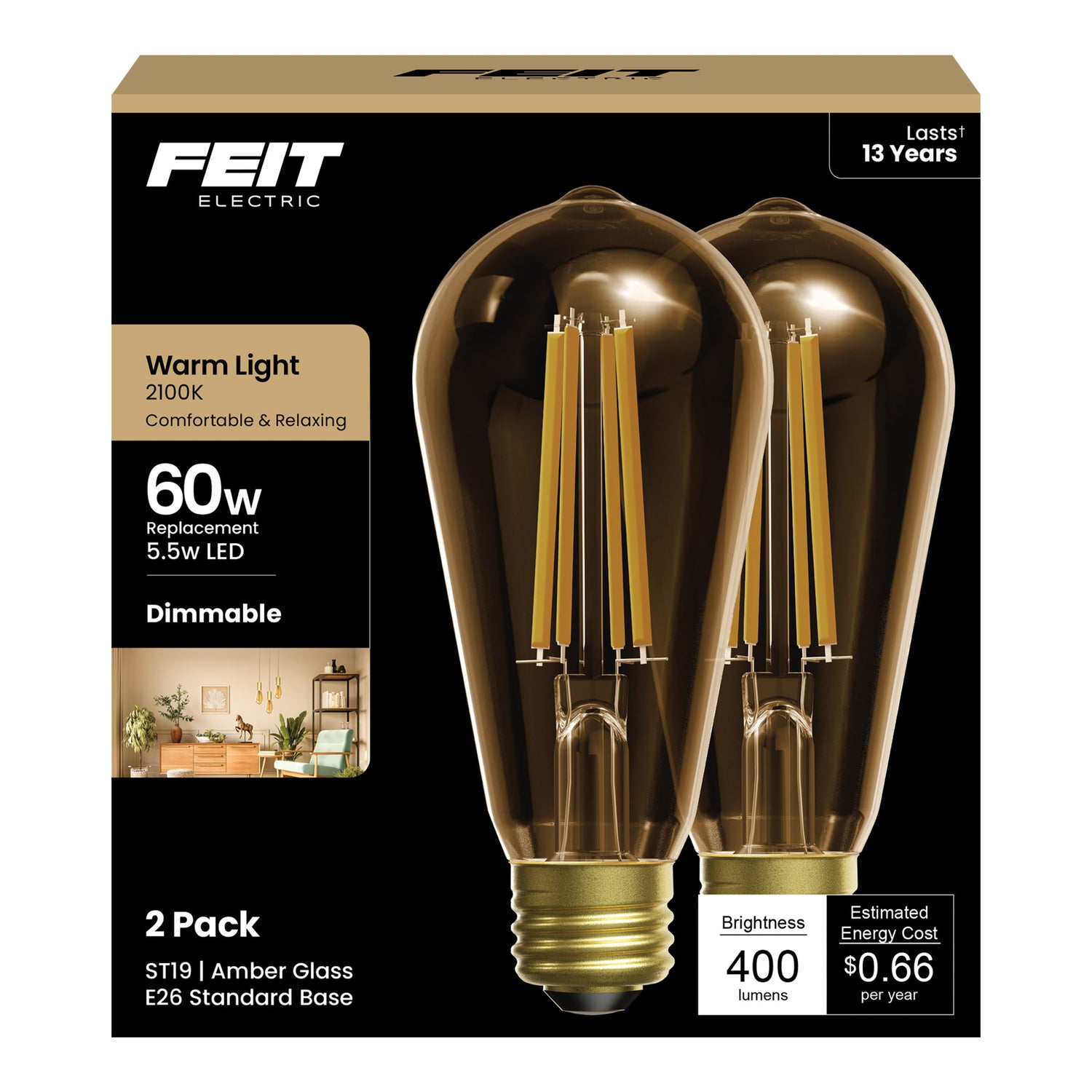 5.5W (60W Replacement) ST19 E26 Straight Filament Amber Glass Vintage Edison LED Light Bulb, Soft White (2-Pack)