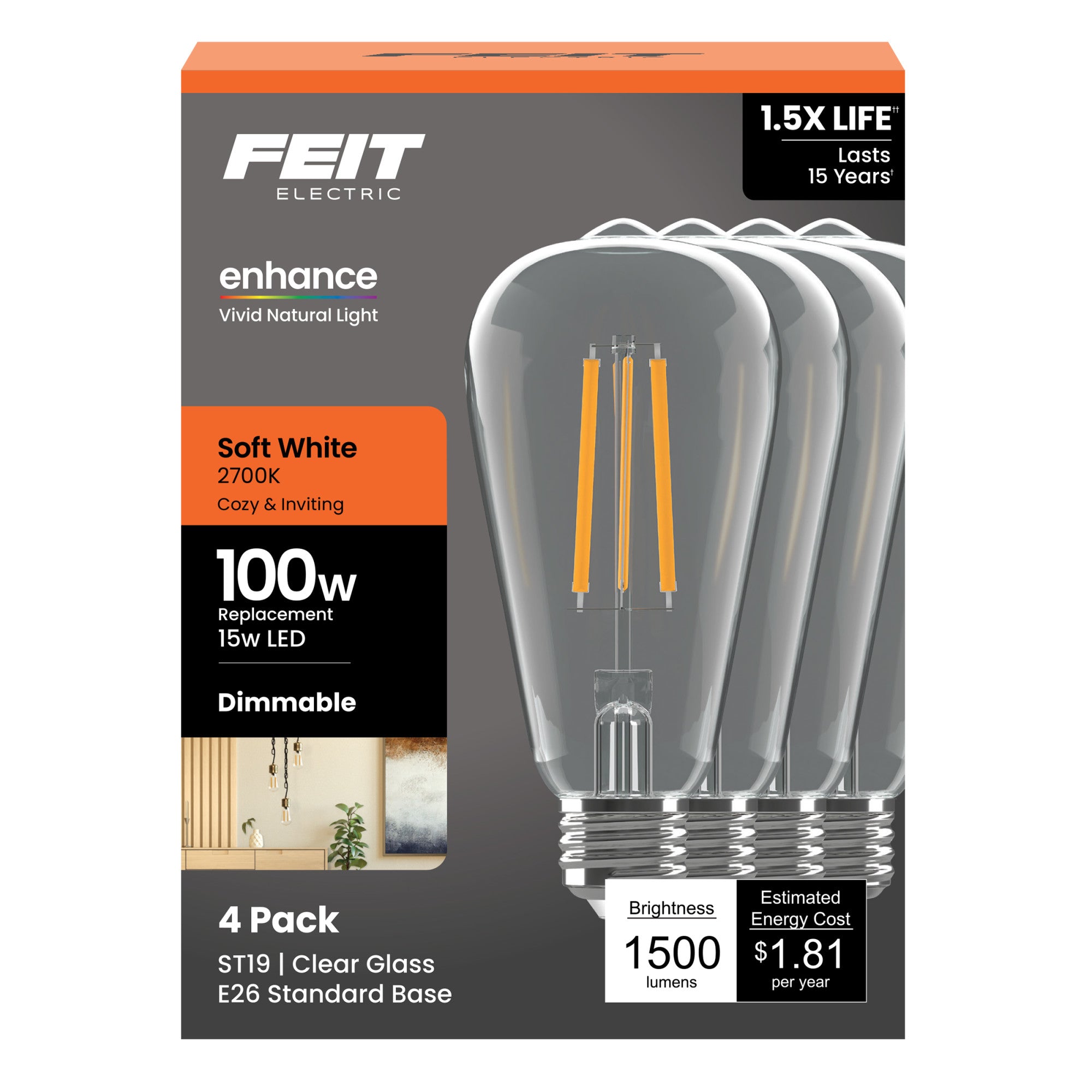 15W (100W Replacement) ST19 E26 Dimmable Enhance Straight Filament