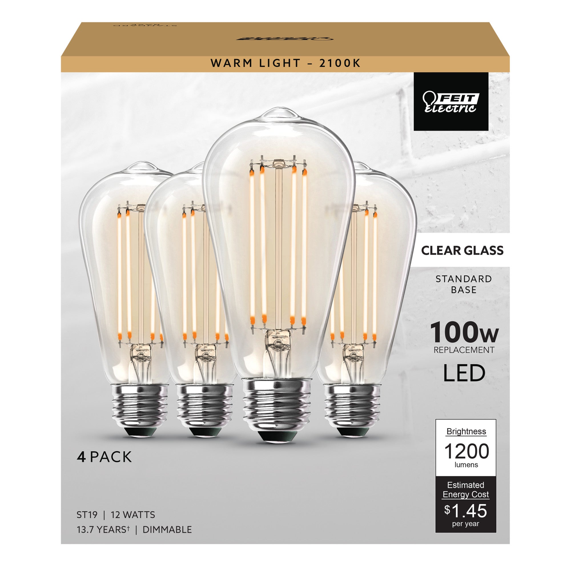 12W (100W Replacement) ST19 E26 Dimmable Straight Filament Clear