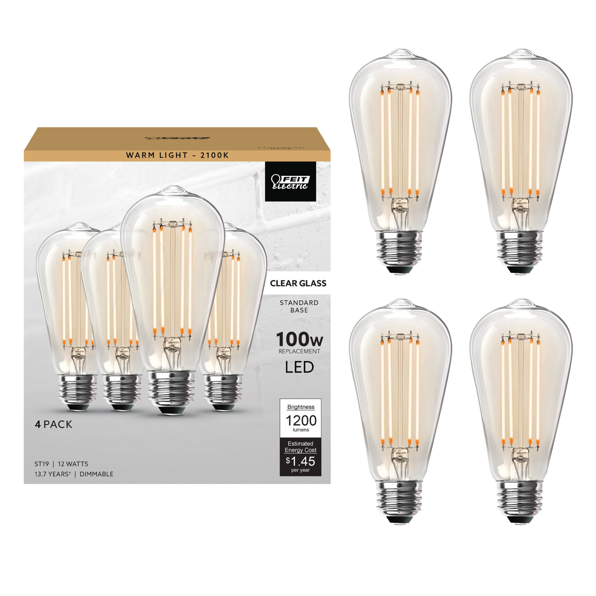 12W (100W Replacement) ST19 E26 Dimmable Straight Filament Clear