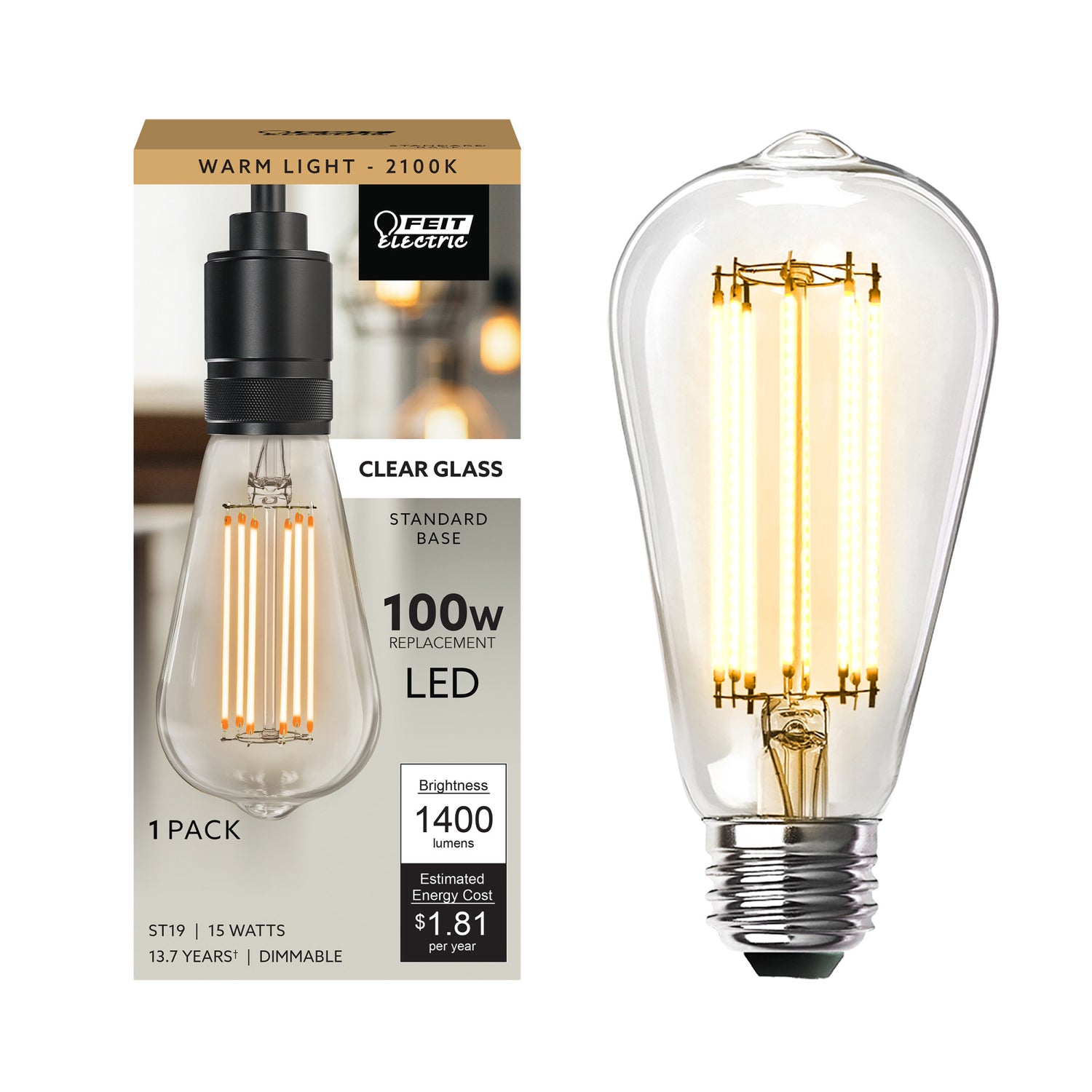 15W (100W Replacement) ST19 E26 Dimmable Straight Filament Clear Glass Vintage Edison LED Light Bulb, Warm Light