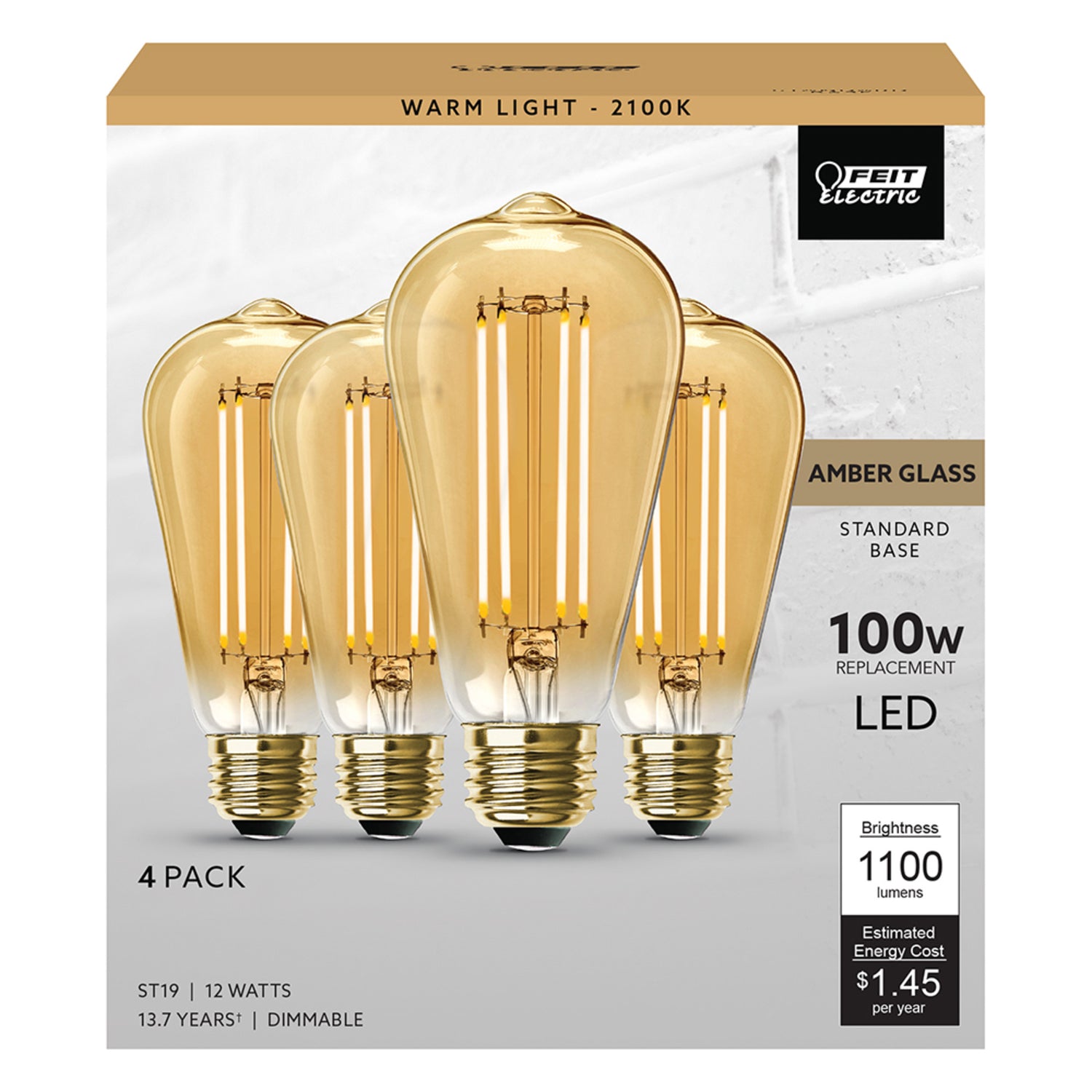 Feit Electric 100-Watt Equivalent ST19 Dimmable LED Amber Glass Vintage Edison Light Bulb With Straight Filament Warm White (12-Pack)