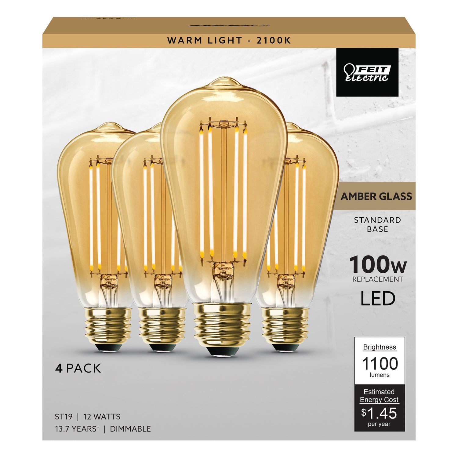 12W (100W Replacement) ST19 E26 Dimmable Straight Filament Amber Glass  Vintage Edison LED Light Bulb, Warm, image size:1500x1500