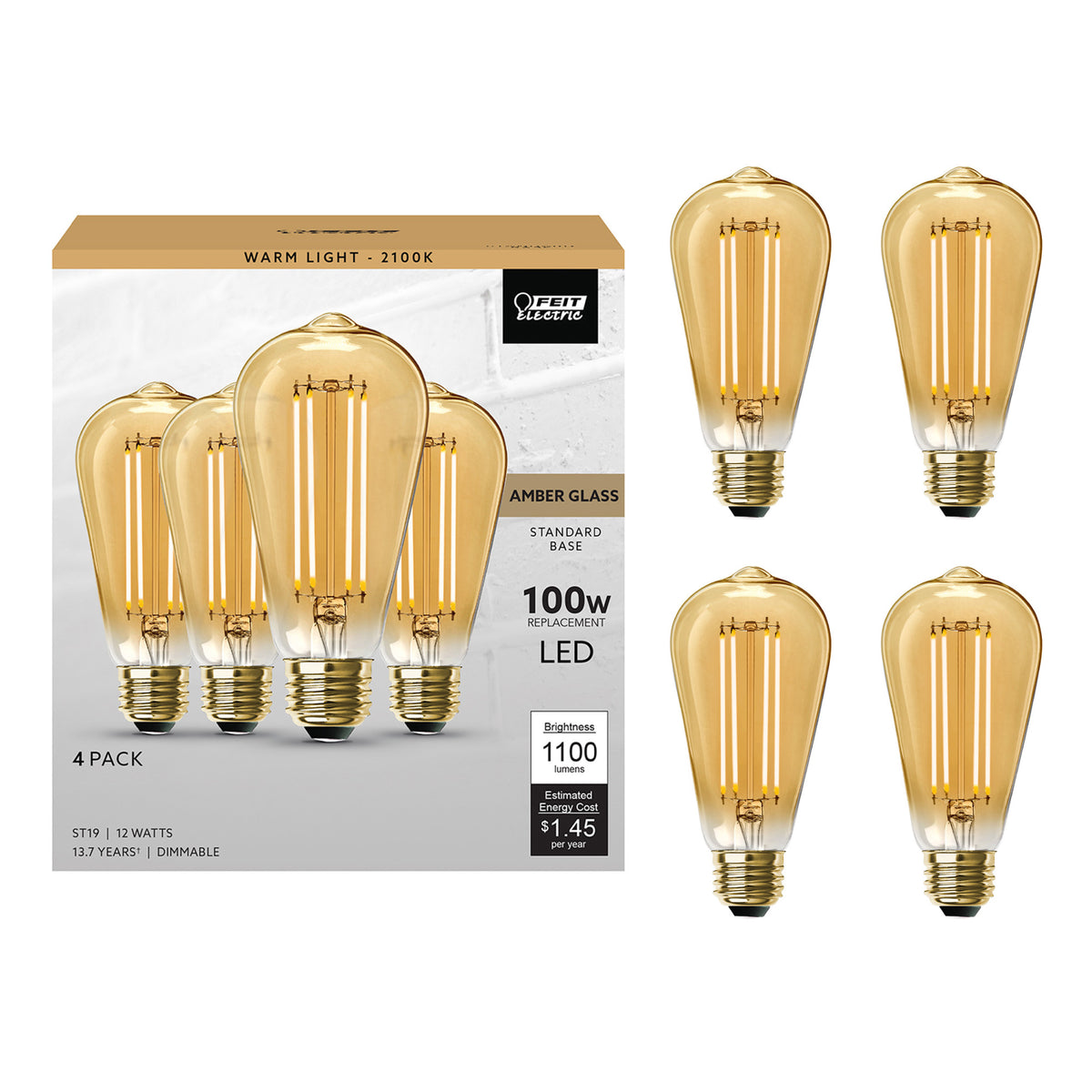 12W (100W Replacement) ST19 E26 Dimmable Straight Filament Amber Glass Vintage Edison LED Light Bulb, Warm Light (4-Pack)