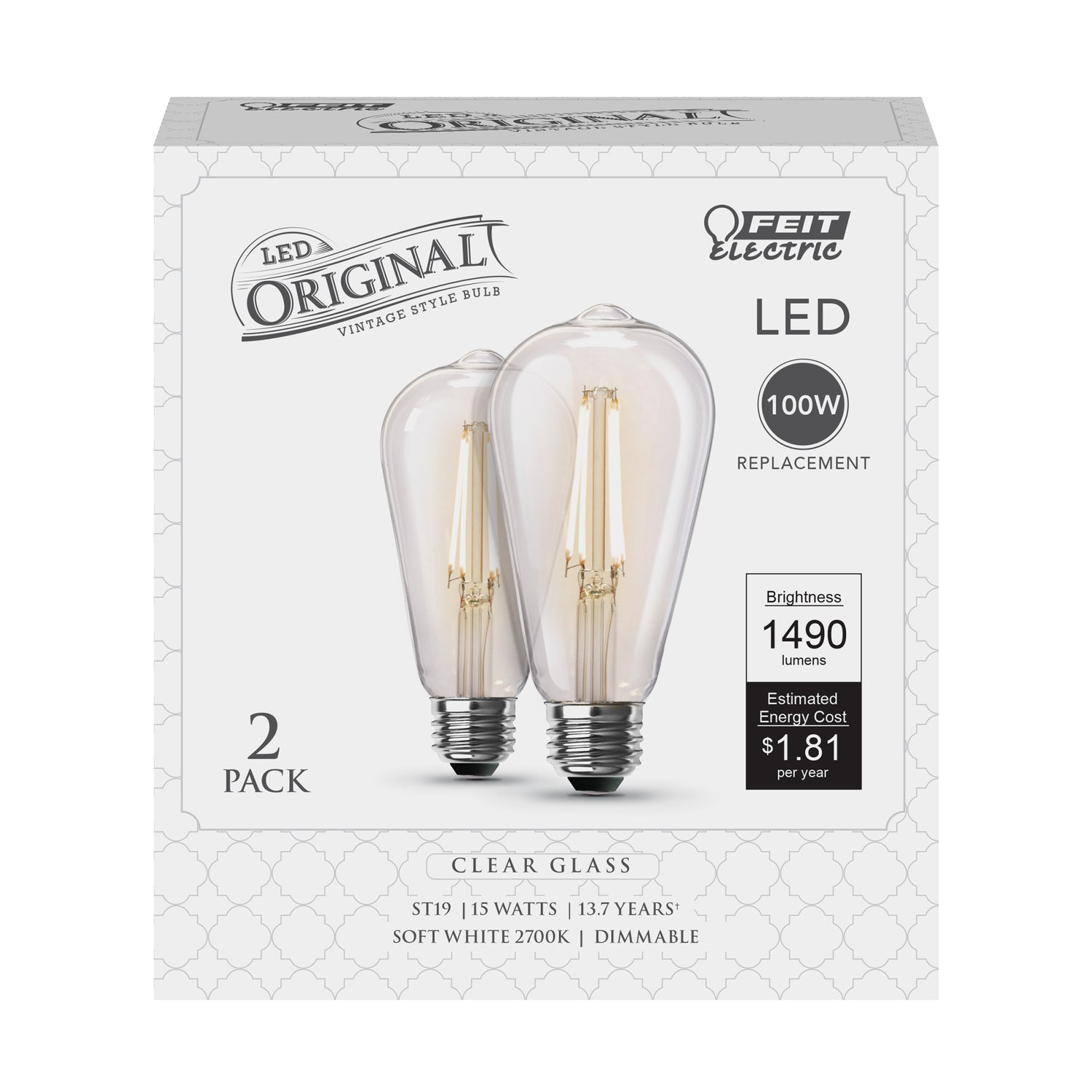 15W (100W Replacement) ST19 E26 Dimmable Straight Filament Clear Glass Vintage Edison LED Light Bulb, Soft White (2-Pack)