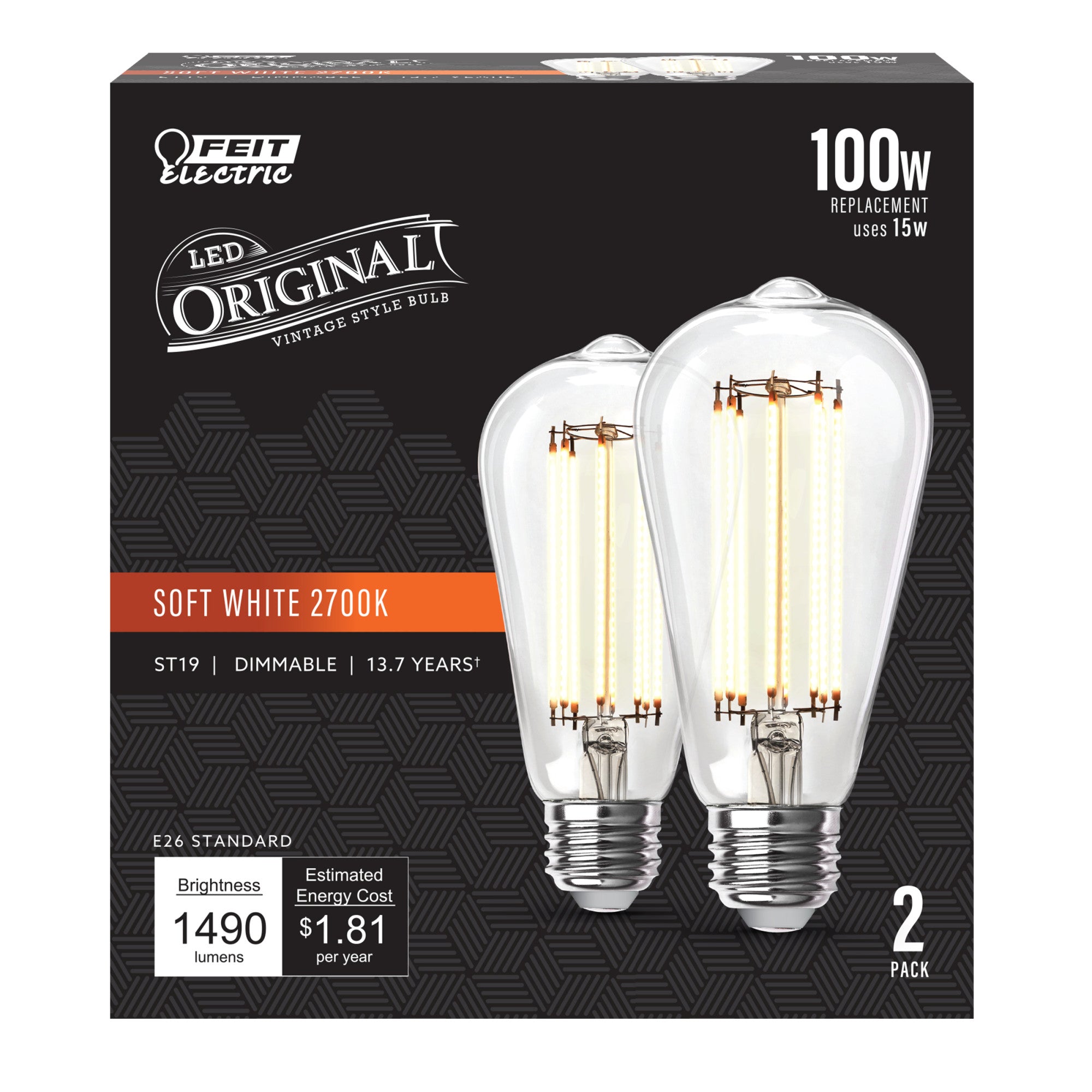 15W (100W Replacement) ST19 E26 Dimmable Straight Filament Clear