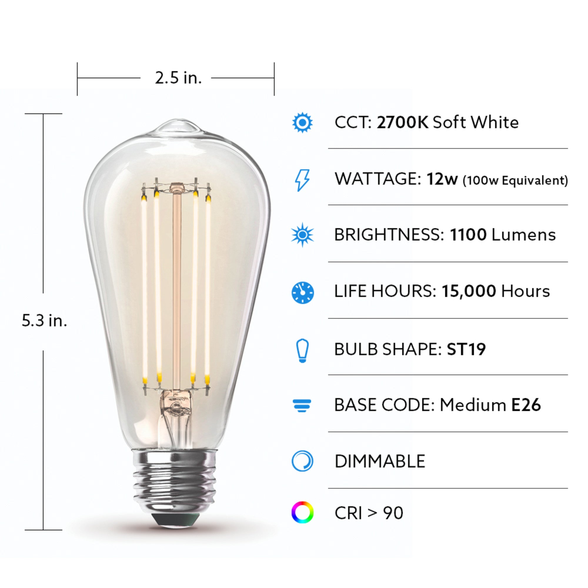 12W (100W Replacement) ST19 E26 Dimmable Straight Filament