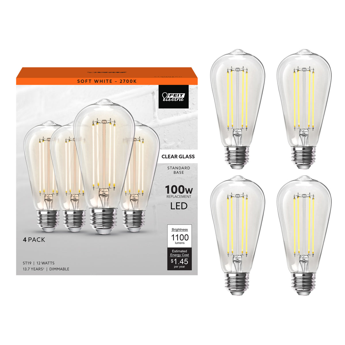 12W (100W Replacement) ST19 E26 Dimmable Straight Filament Clear Glass Vintage Edison LED Light Bulb, Soft White (4-Pack)