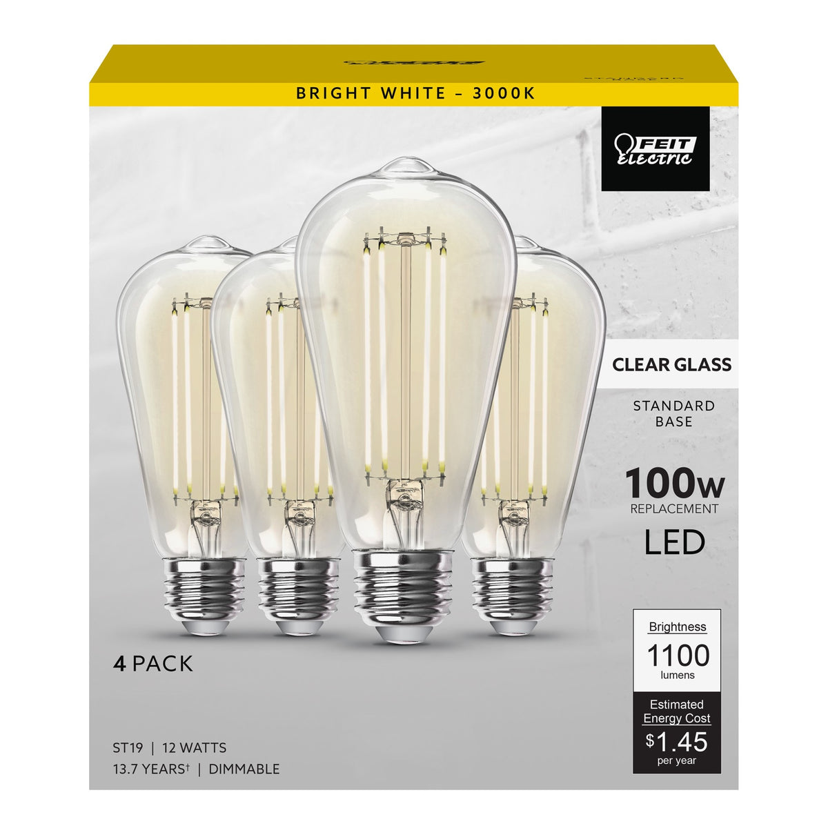 12W (100W Replacement) ST19 E26 Dimmable Straight Filament Clear Glass Vintage Edison LED Light Bulb, Bright White (4-Pack)