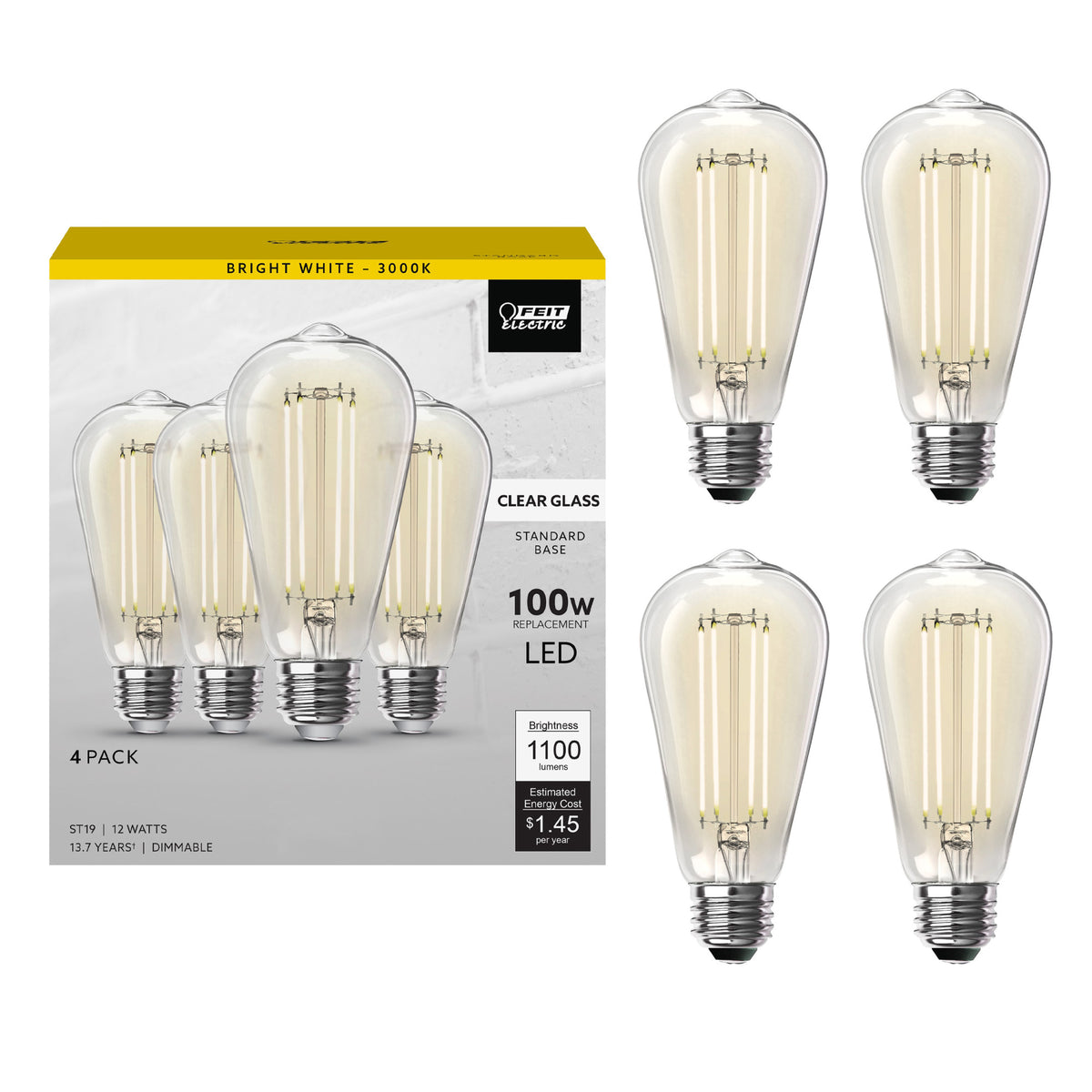 12W (100W Replacement) ST19 E26 Dimmable Straight Filament Clear Glass Vintage Edison LED Light Bulb, Bright White (4-Pack)
