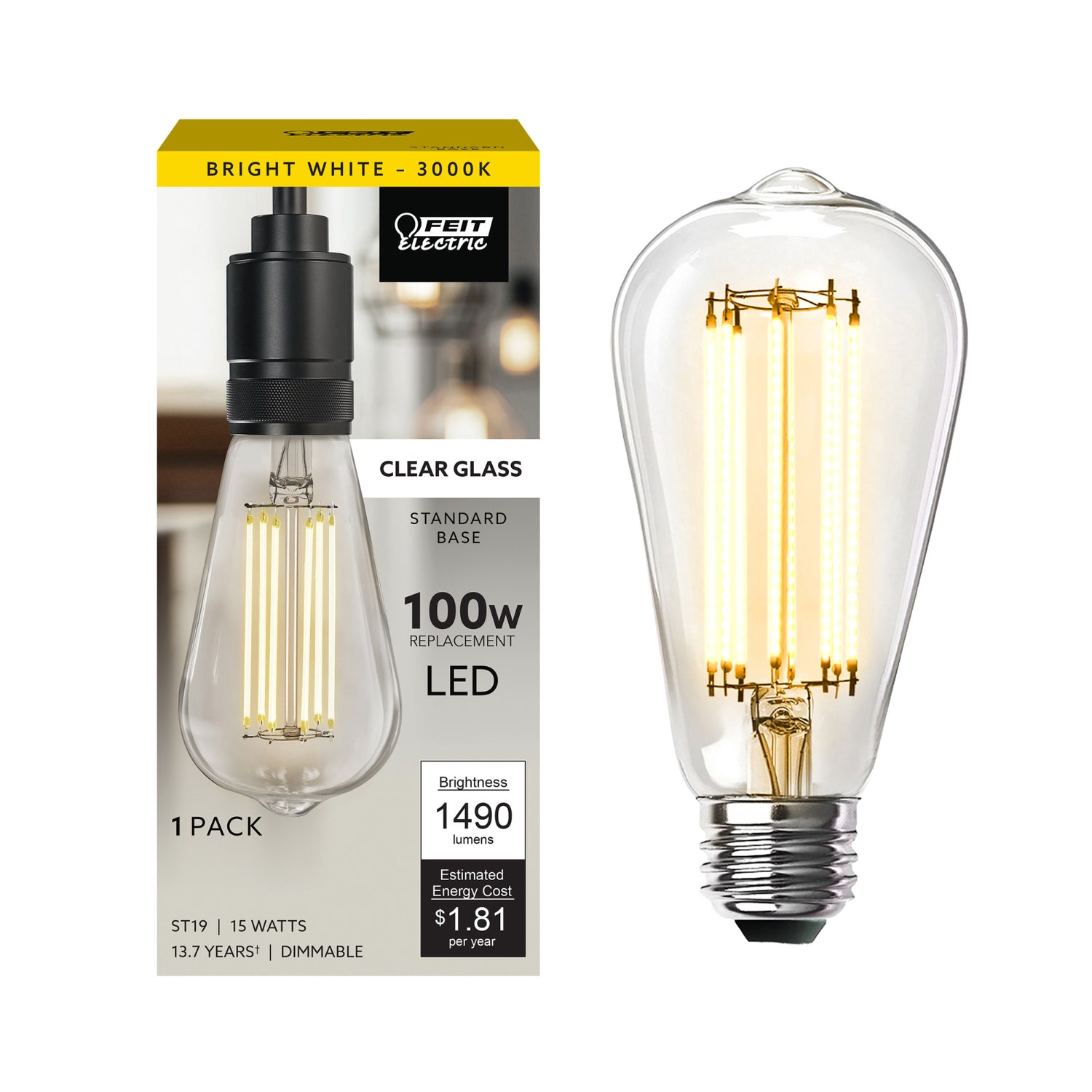 15W (100W Replacement) ST19 E26 Dimmable Straight Filament Clear Glass Vintage Edison LED Light Bulb, Bright White