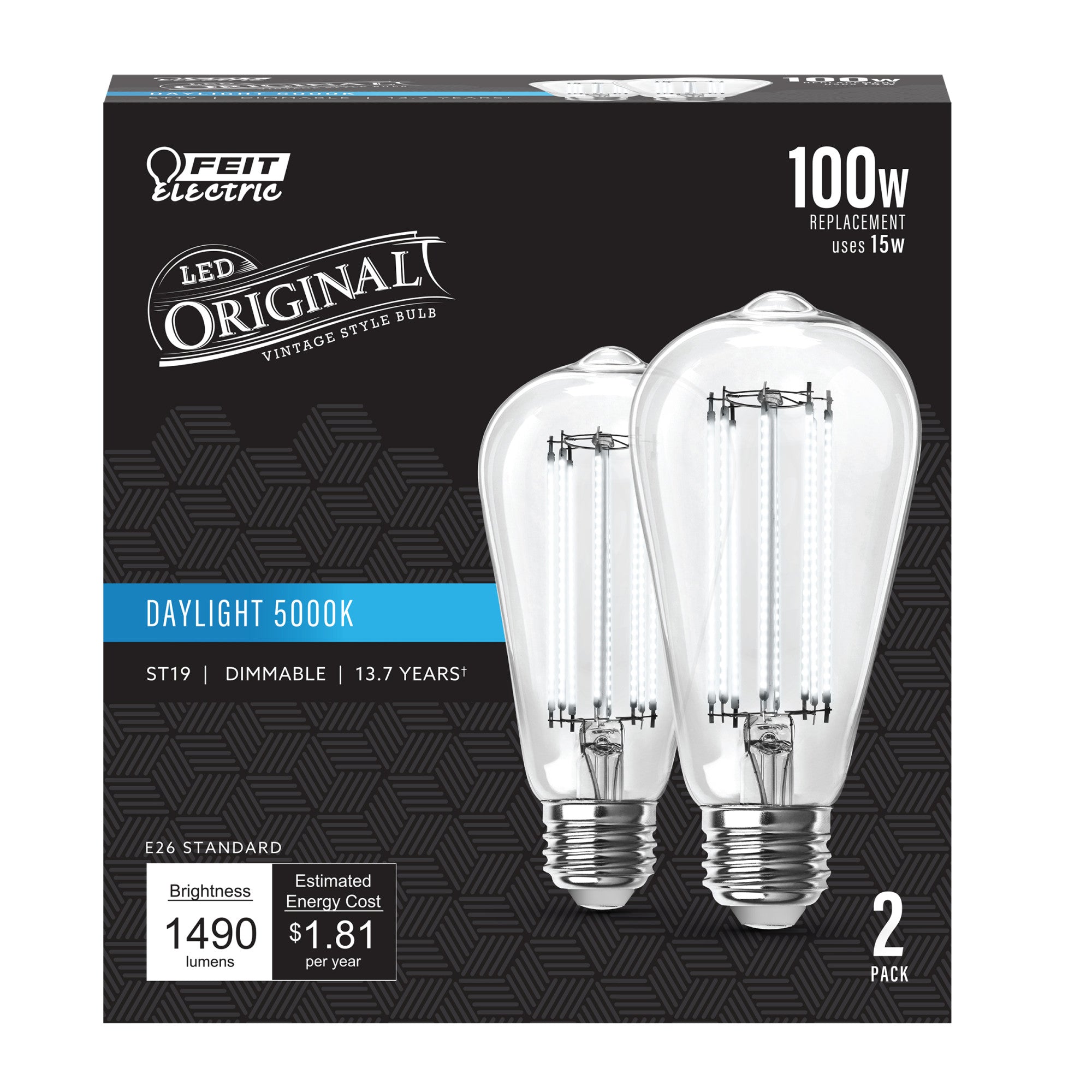 15W (100W Replacement) ST19 E26 Dimmable Straight Filament Clear