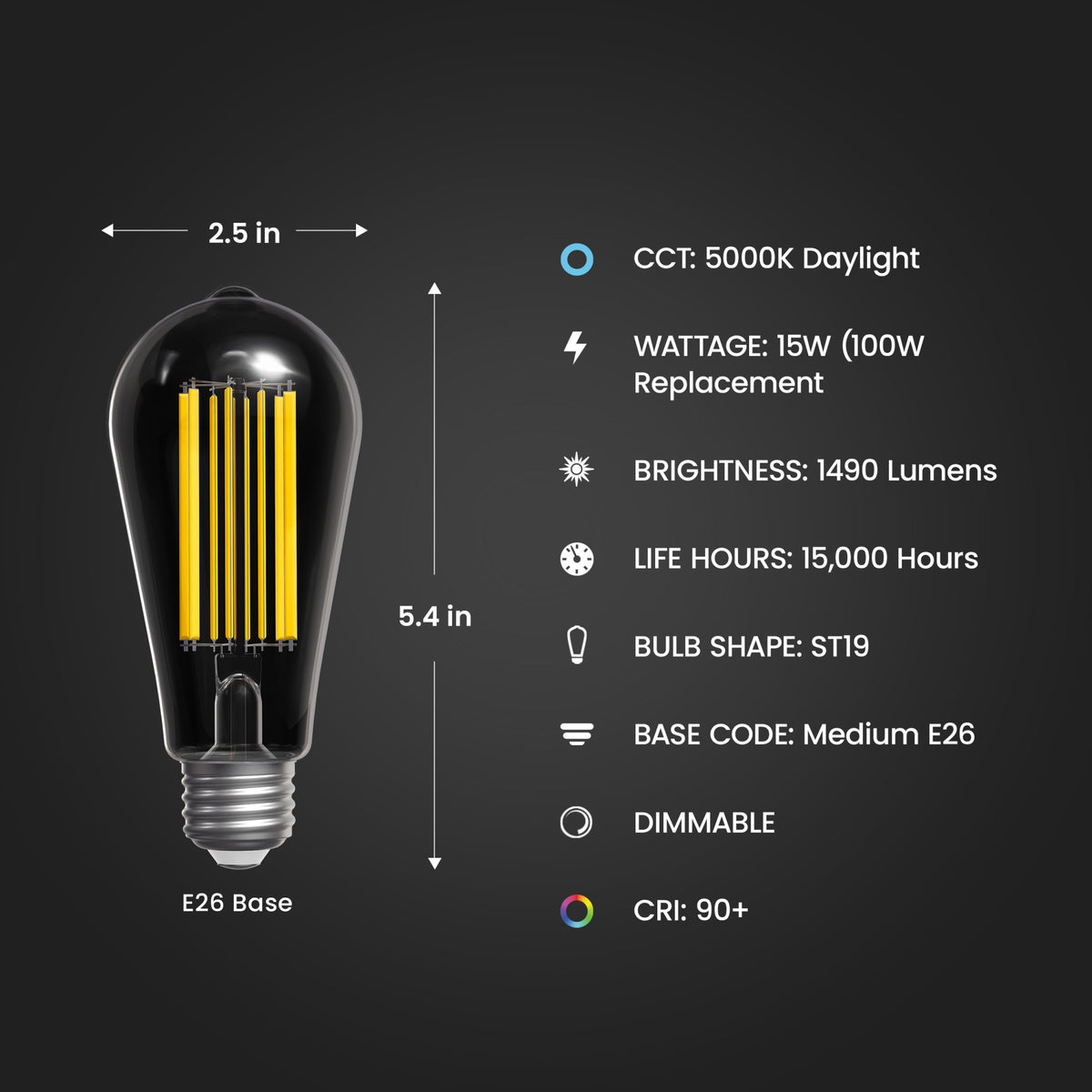 15W (100W Replacement) ST19 E26 Dimmable Straight Filament Clear Glass Vintage Edison LED Light Bulb, Daylight (2-Pack)