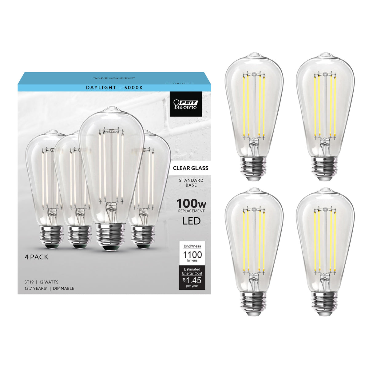 12W (100W Replacement) ST19 E26 Dimmable Straight Filament Clear Glass Vintage Edison LED Light Bulb, Daylight (4-Pack)