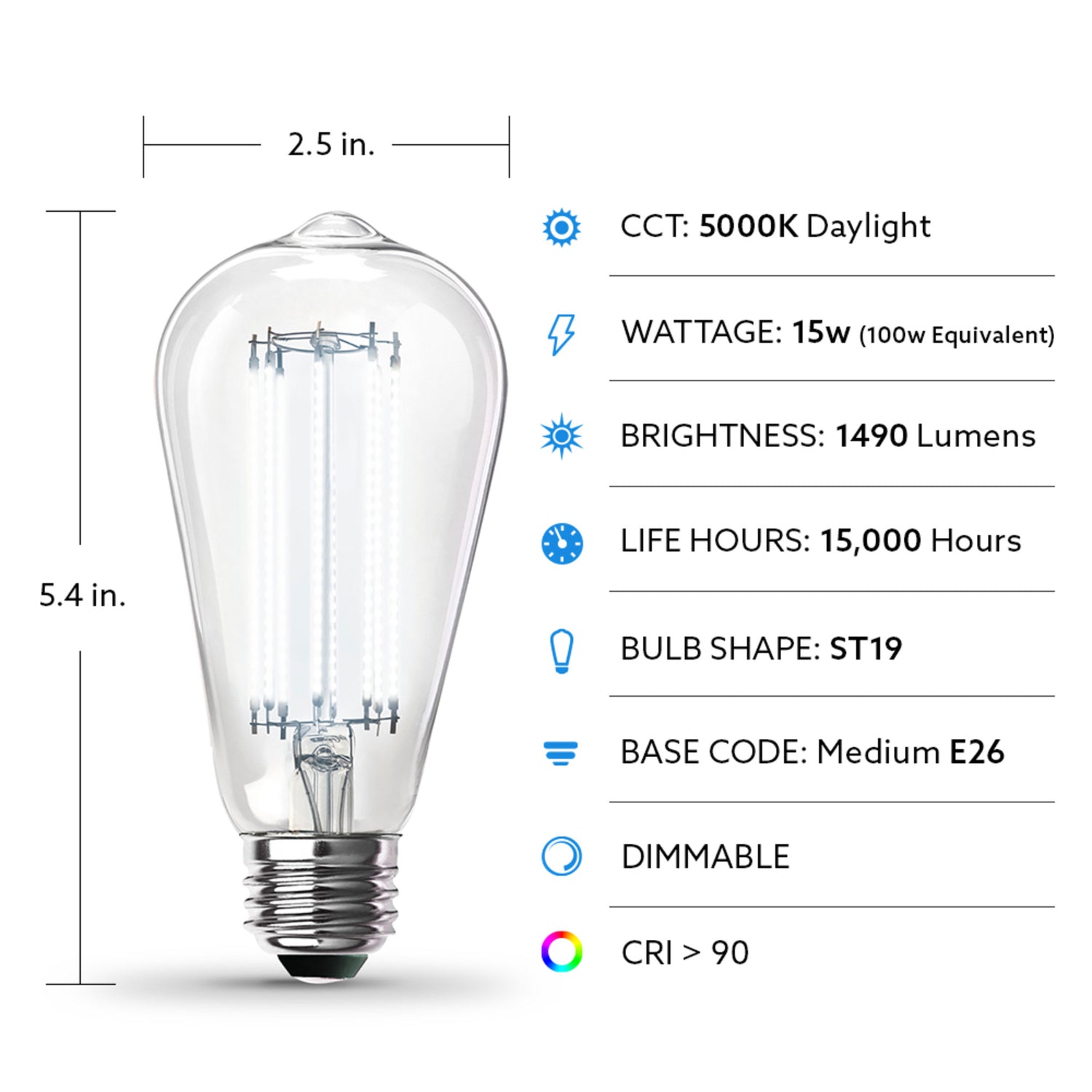 15W (100W Replacement) ST19 E26 Dimmable Straight Filament Clear Glass Vintage Edison LED Light Bulb, Daylight