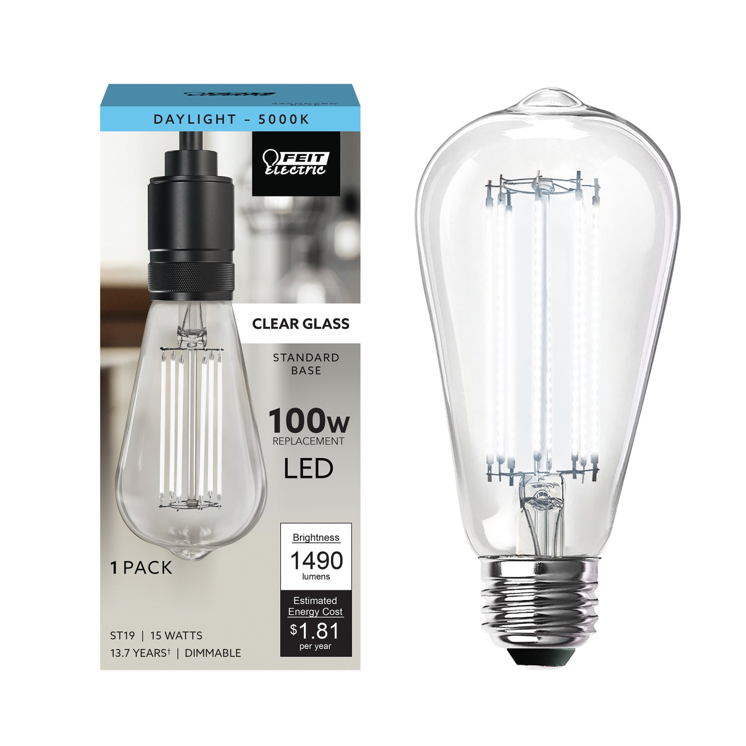 15W (100W Replacement) ST19 E26 Dimmable Straight Filament Clear Glass Vintage Edison LED Light Bulb, Daylight