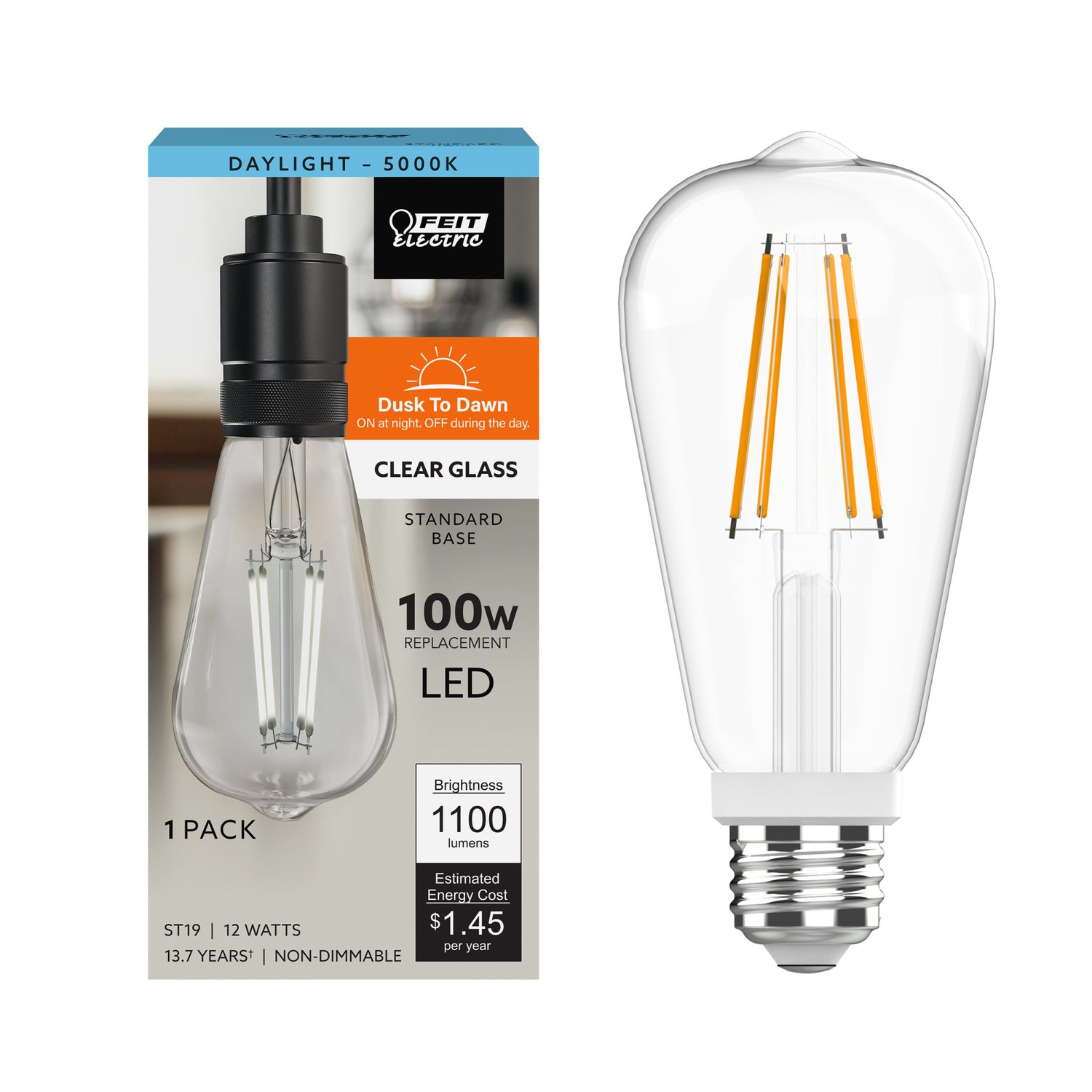 12W (100W Replacement) ST19 E26 Dusk to Dawn Filament Clear Glass Vintage Edison LED Light Bulb, Daylight