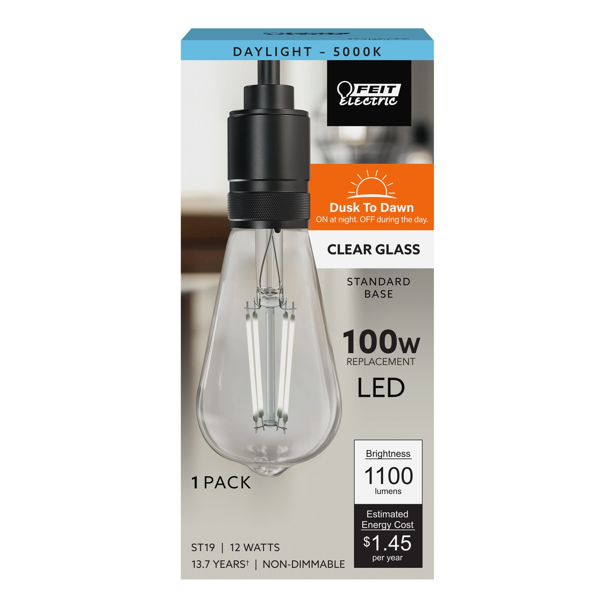 12W (100W Replacement) ST19 E26 Dusk to Dawn Filament Clear Glass