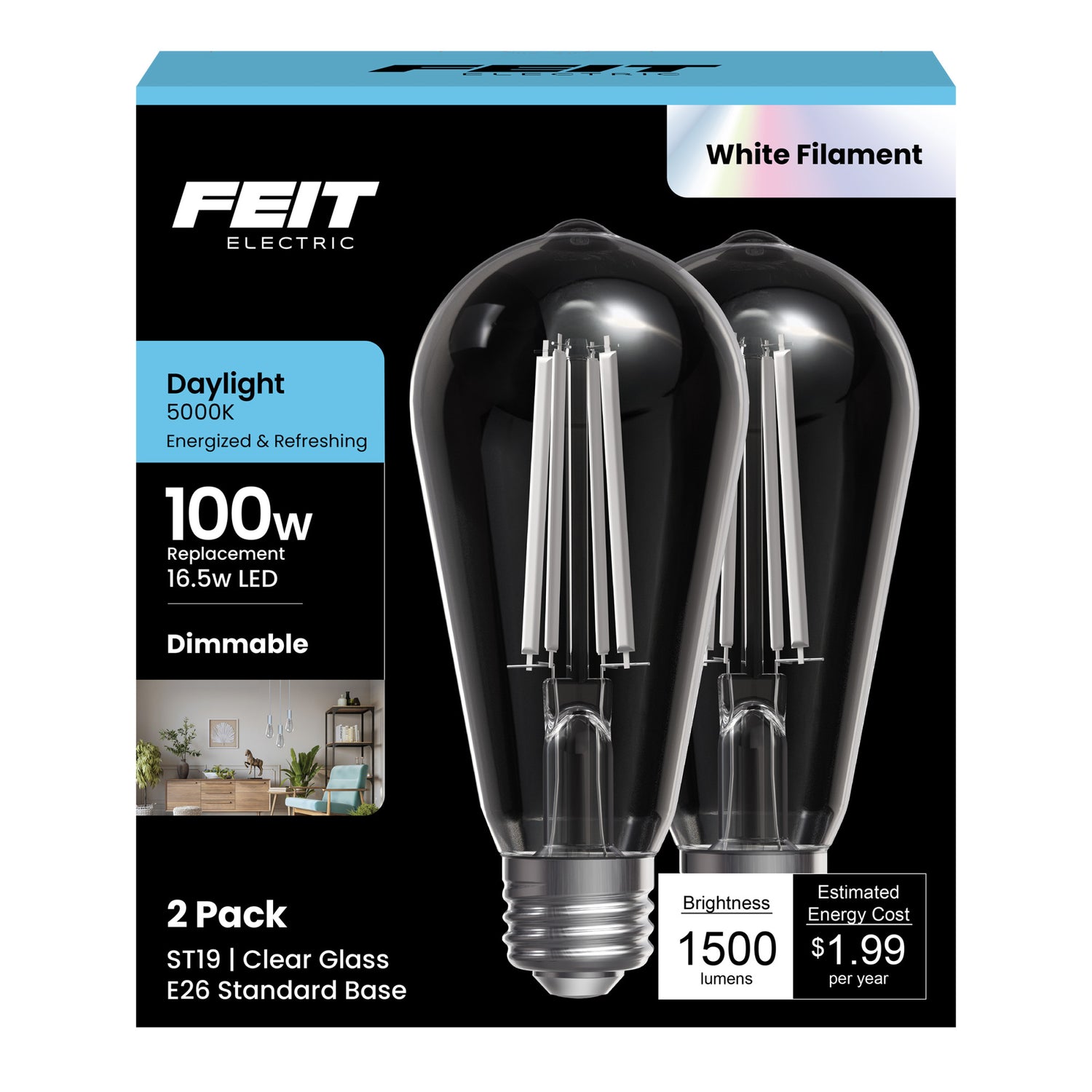 16.5W (100W Replacement) Daylight (5000K) E26 Base ST19 LED White Filament Bulb (2-Pack)