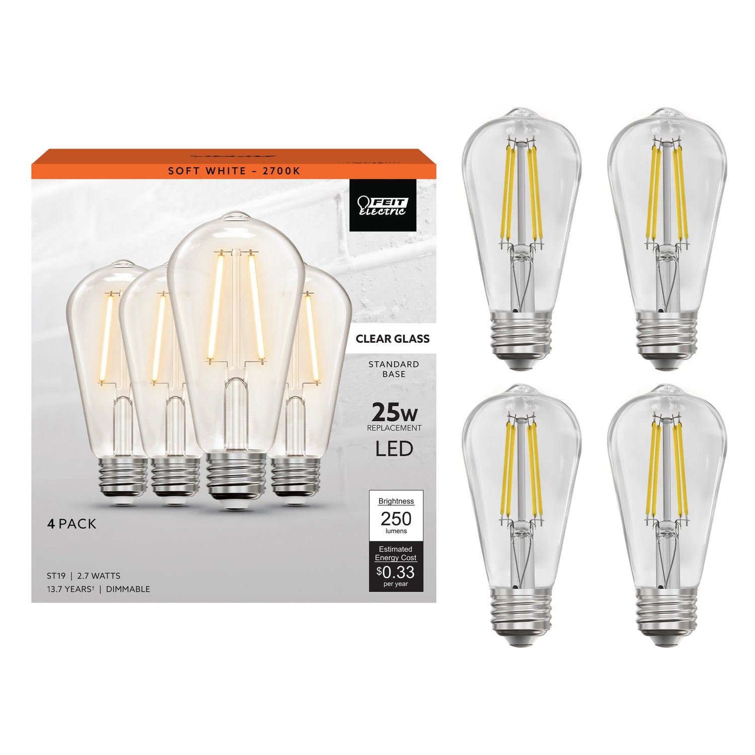 2.7W (25W Replacement) ST19 E26 Clear Glass Vintage Edison LED Light Bulb, Soft White (4-Pack)