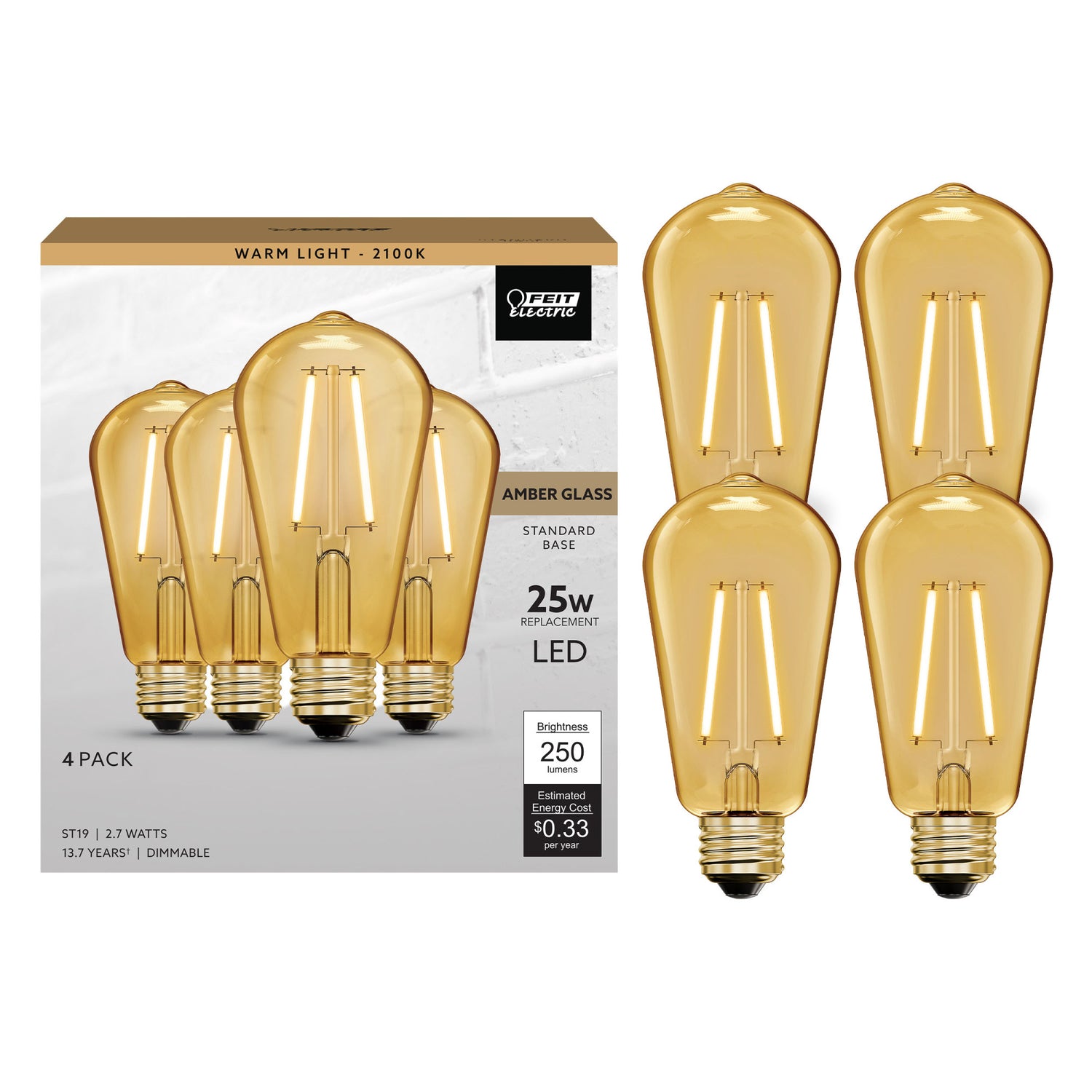 2.7W (25W Replacement) ST19 E26 Amber Glass Vintage Edison LED Light Bulb, Warm Light (4-Pack)