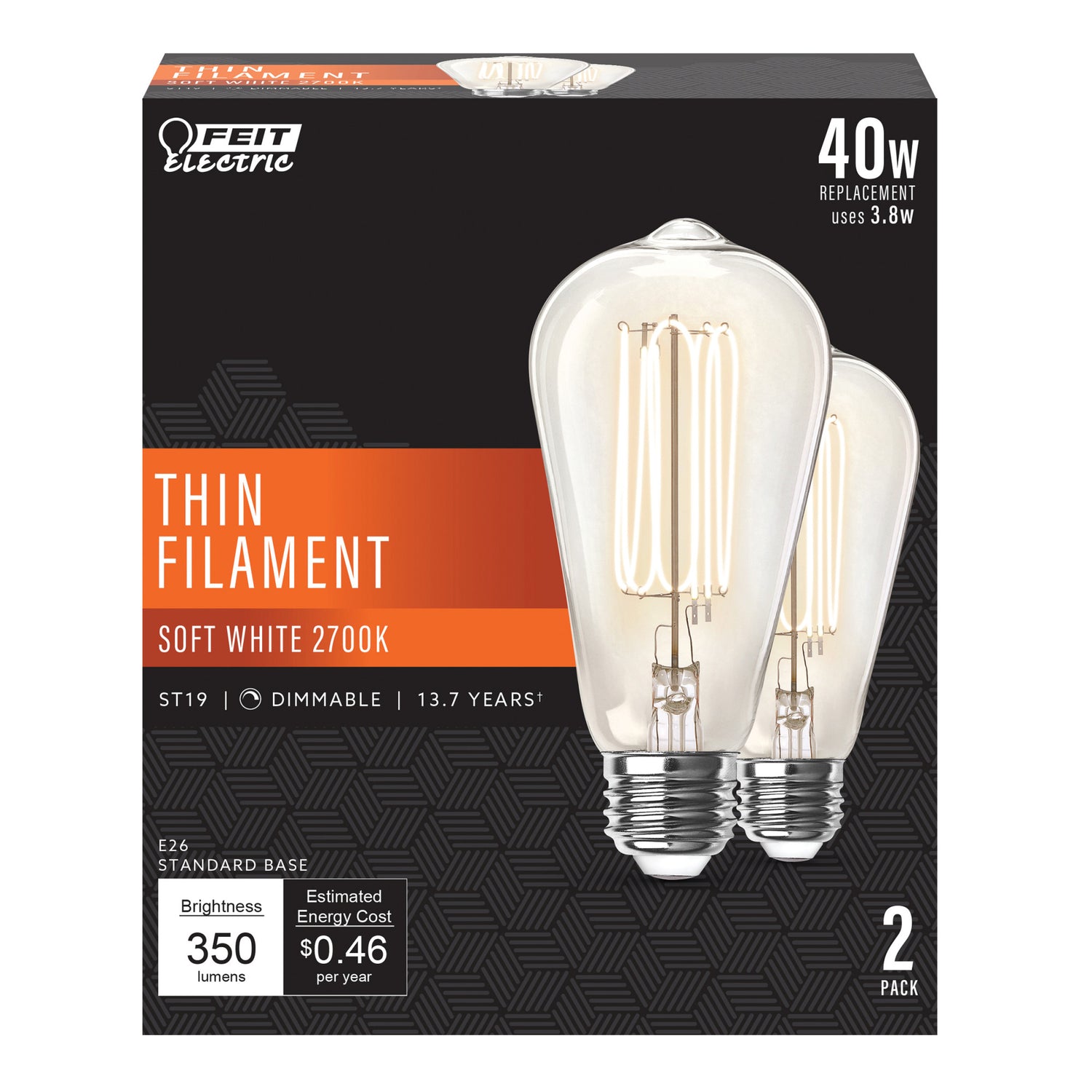 3.8W (40W Replacement) ST19 E26 Dimmable Exposed Thin Filament Clear Glass Vintage Edison LED Light Bulb, Soft White (2-Pack)